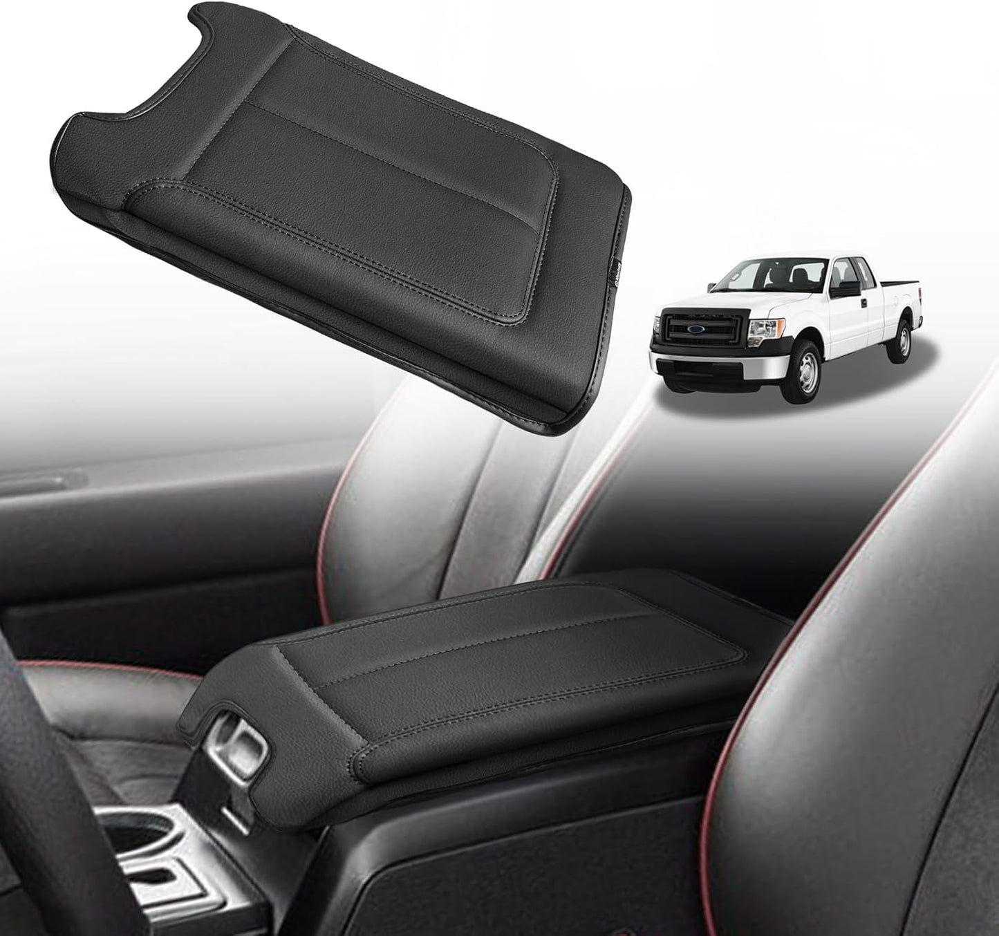 Muslogy Center Console Armrest Cover Compatible with Ford F-150 F150 2021-2025 Comfort Armrest Pad Arm Rest Cushion Vegan Leather Protector Regular Thick(WorkSurface ONLY)