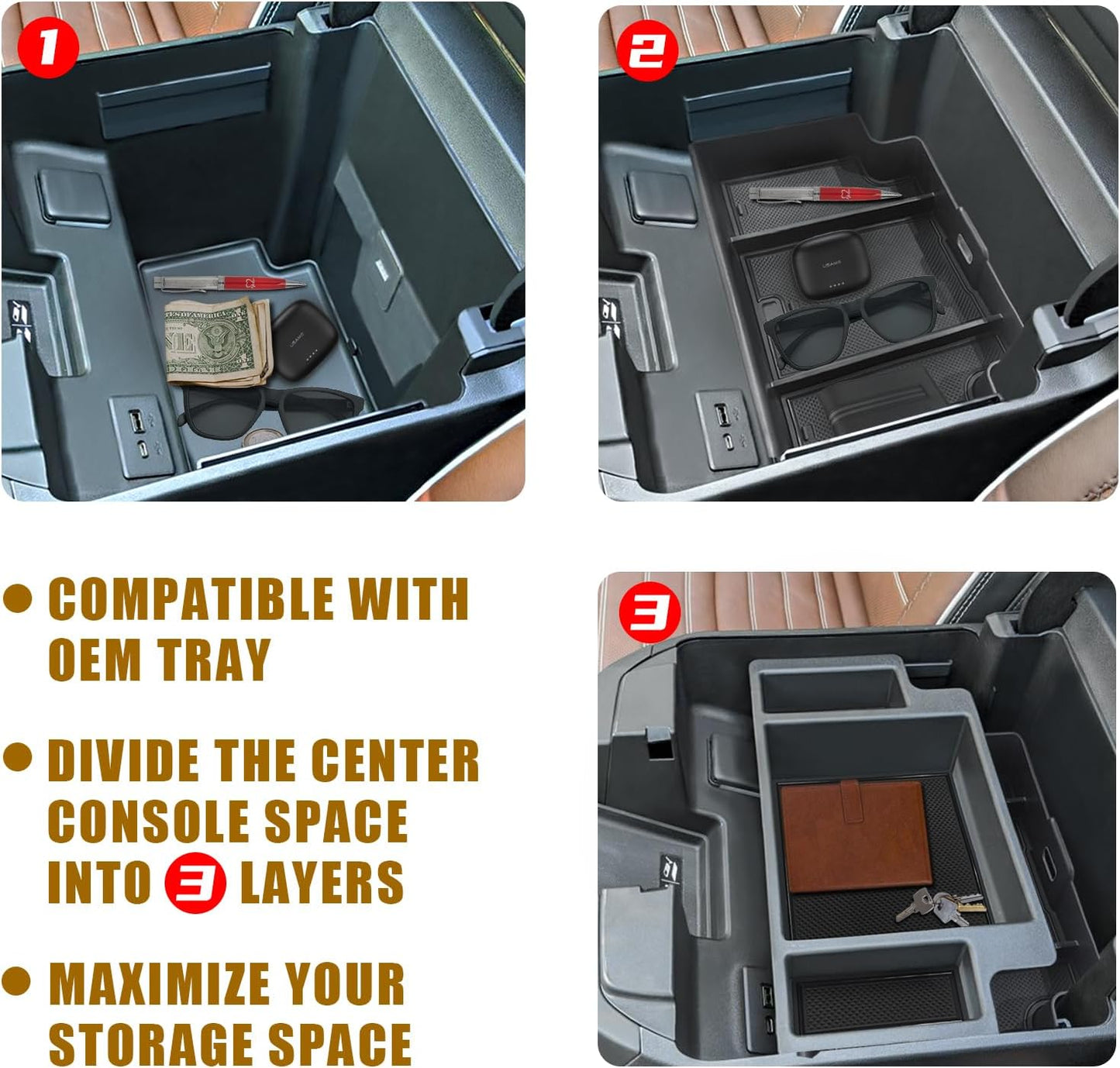 Muslogy Center Console Organizer Compatible with 2022-2025 Chevy Silverado/GMC Sierra 1500, 2024 Silverado & Sierra 2500 3500HD Armrest Storage - Full w/Bucket Seats ONLY(Console Tray&Mats Set)