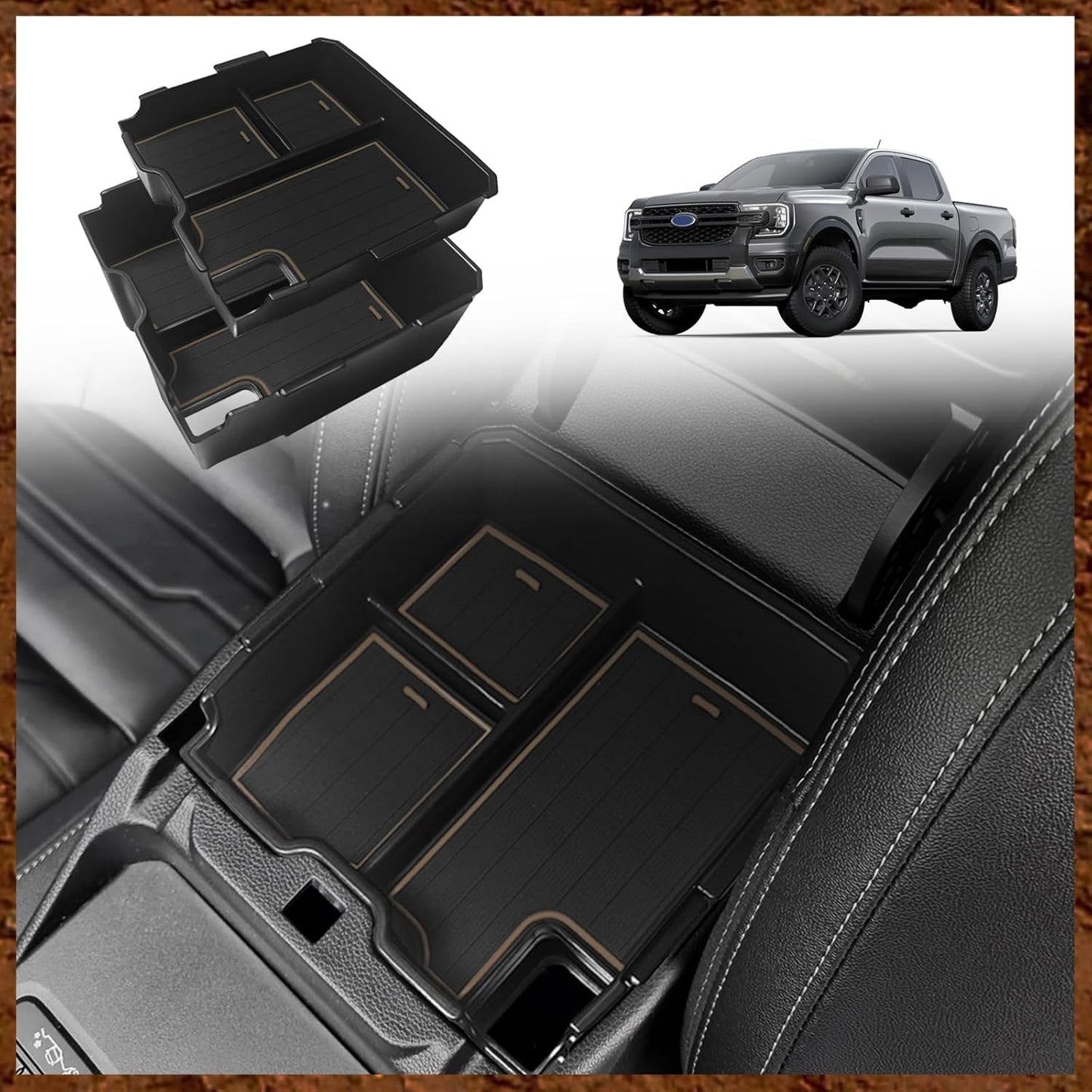 Muslogy Center Console Organizer Compatible with Ford Ranger 2024 2025 & Raptor Accessories Two-Layer Storage Box Insert Tray Secondary Storage Divider Armrest Tray ABS Material Glove Box (Black)