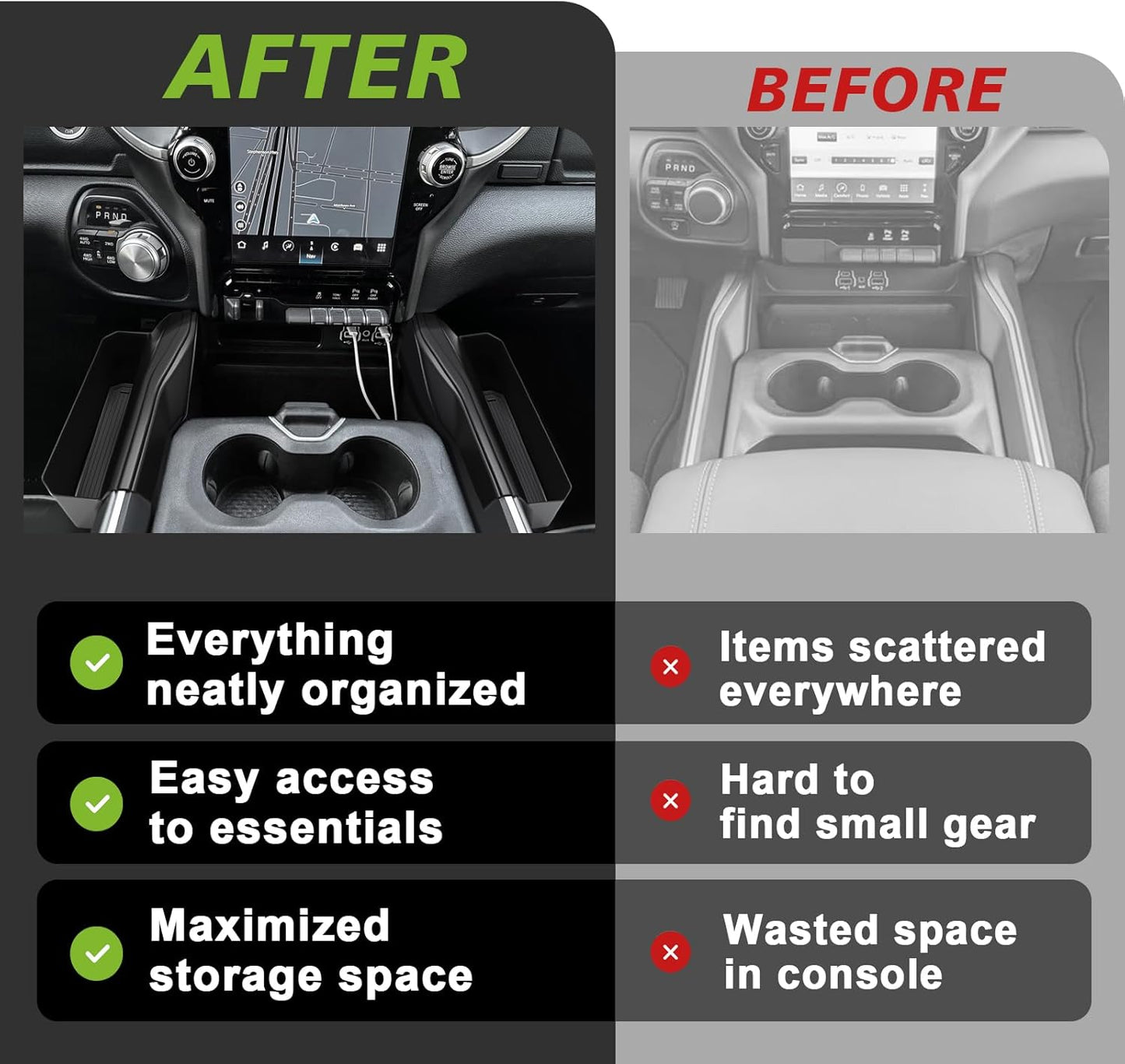 Muslogy Center Console Organizer Compatible with 2019-2025 Ram 1500 Accessories Shifter Storage Box ABS Material Console Phone Pocket Gear Shift Organizer Divider 2PCS Set(Not Fit Classic & Jump seat)