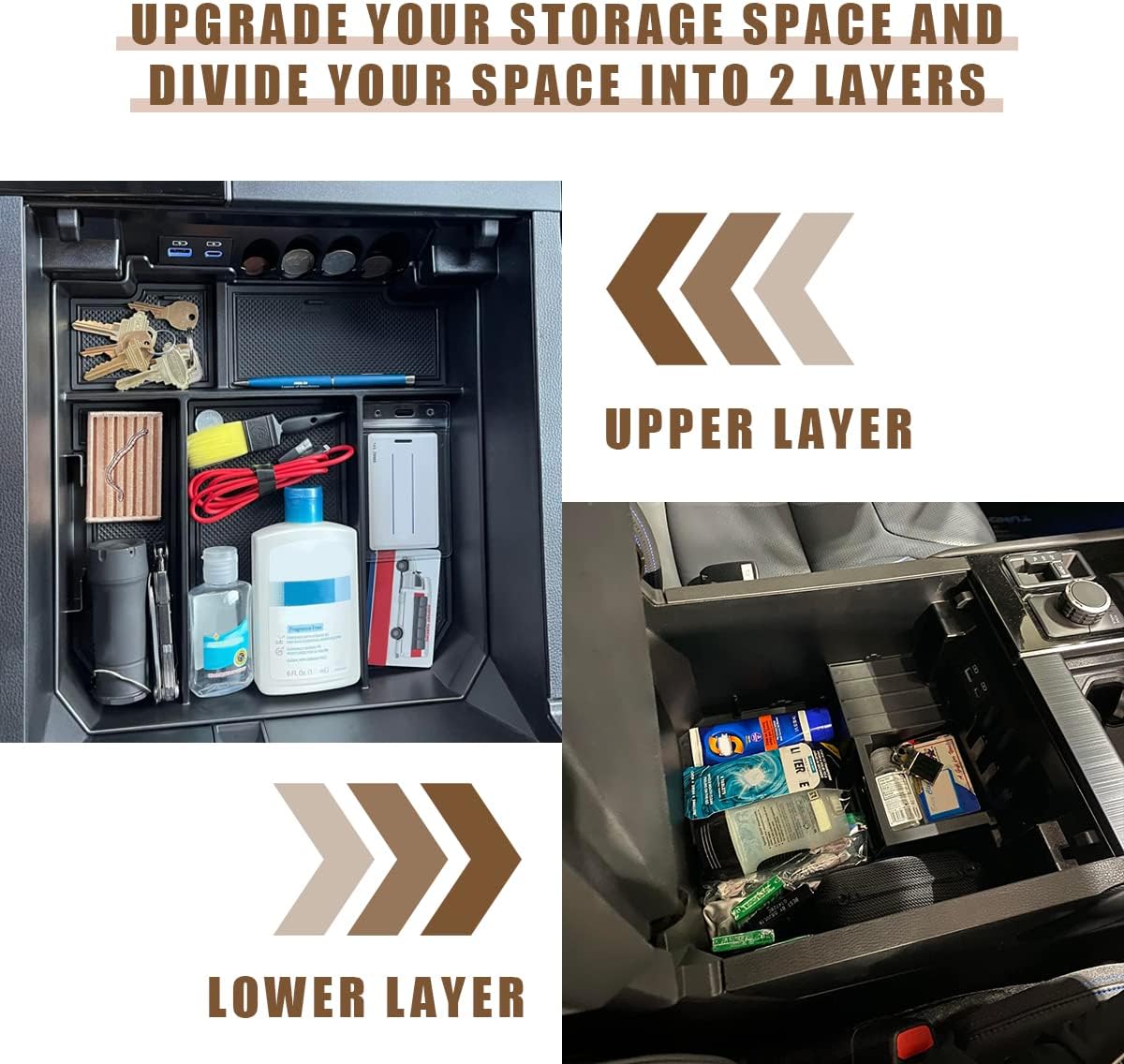 Muslogy Center Console Organizer Compatible with 2022 2023 2024 2025 Toyota Tundra Accessories & 2023-2025 Sequoia Console Storage Box Divider Insert Tray ABS Material with Non-Slip Mats(Rubber Black)