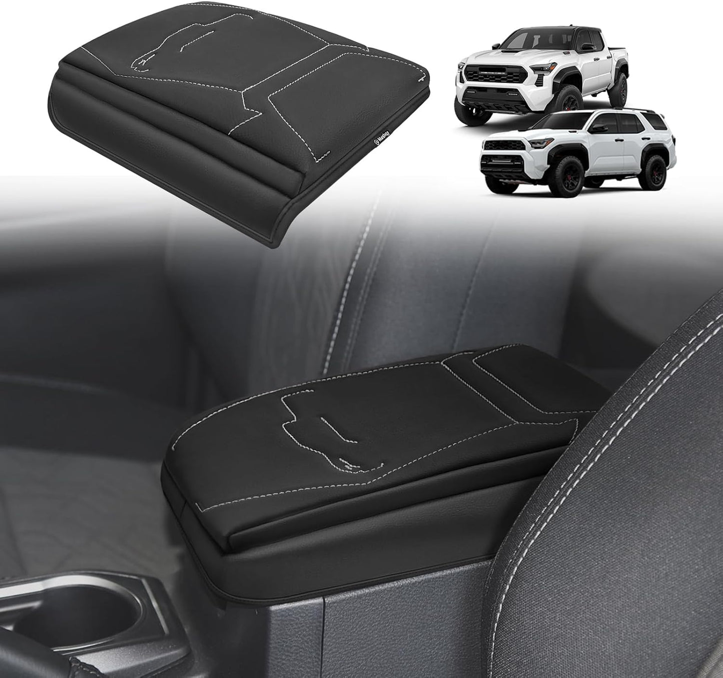 Muslogy Center Console Armrest Cover Compatible with 2024 Toyota Tacoma 2025+ 4Runner Accessories Armrest Lid Protector Vegan Leather Cushion Regular Thick(Black/Gray Stitching)