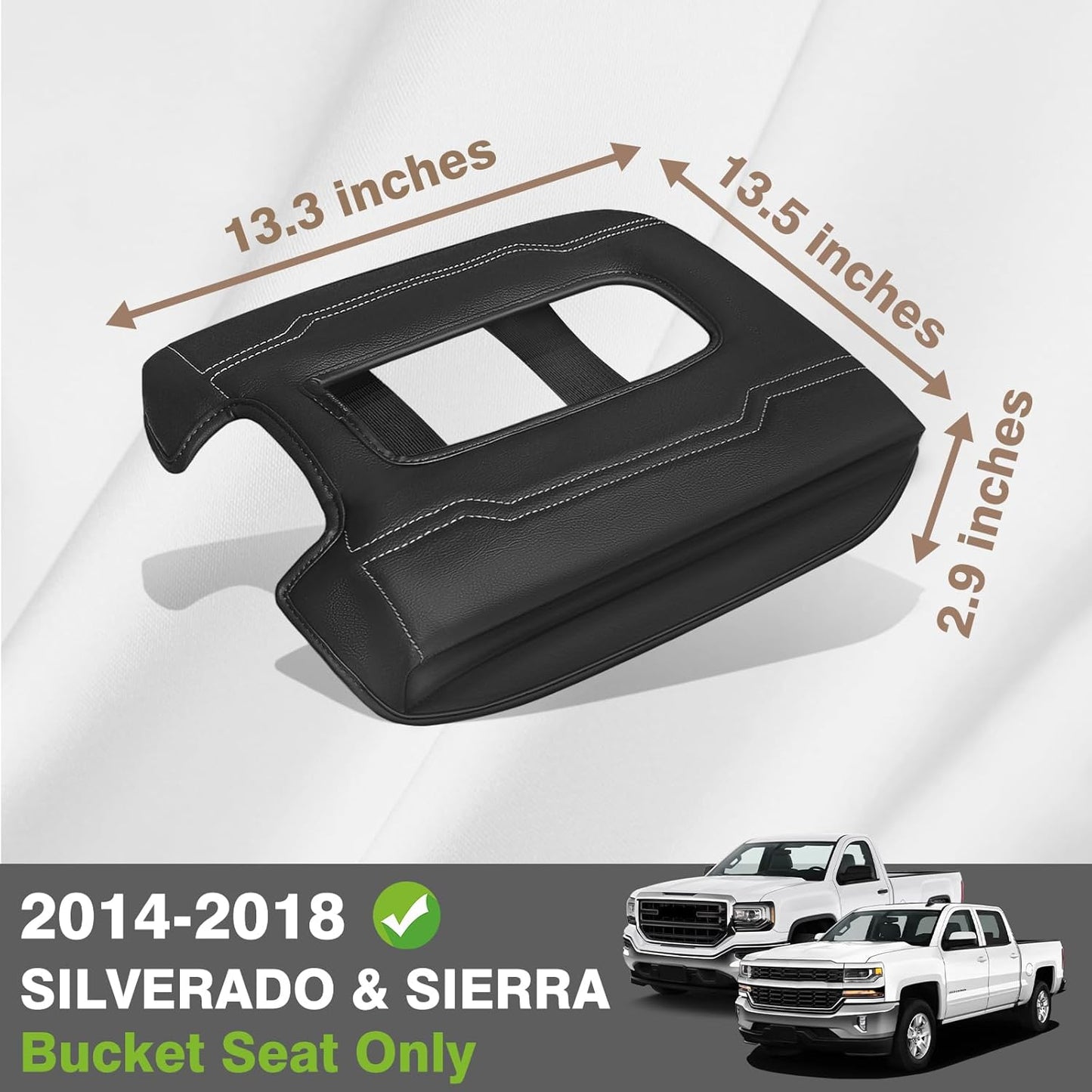 Muslogy Center Console Armrest Cover Compatible with Chevy Silverado & GMC Sierra 1500 2500 3500 2014-2018 Comfort Armrest Pad Arm Rest Cushion Vegan Leather Protector Regular Thick(Bucket Seat ONLY)