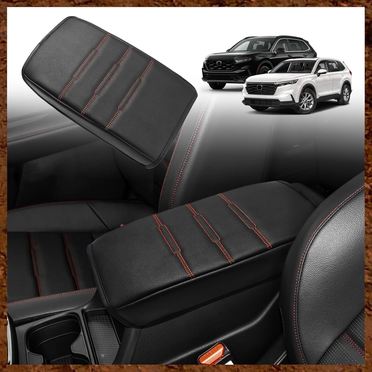 Muslogy Center Console Cover Compatible with 2023 2024 2025 Honda CR-V Accessories CRV Hybrid LX EX EX-L Sport Touring Armrest Cover Lid Cushion Protector Vegan Leather Extra Soft(Black/Orange Trim)