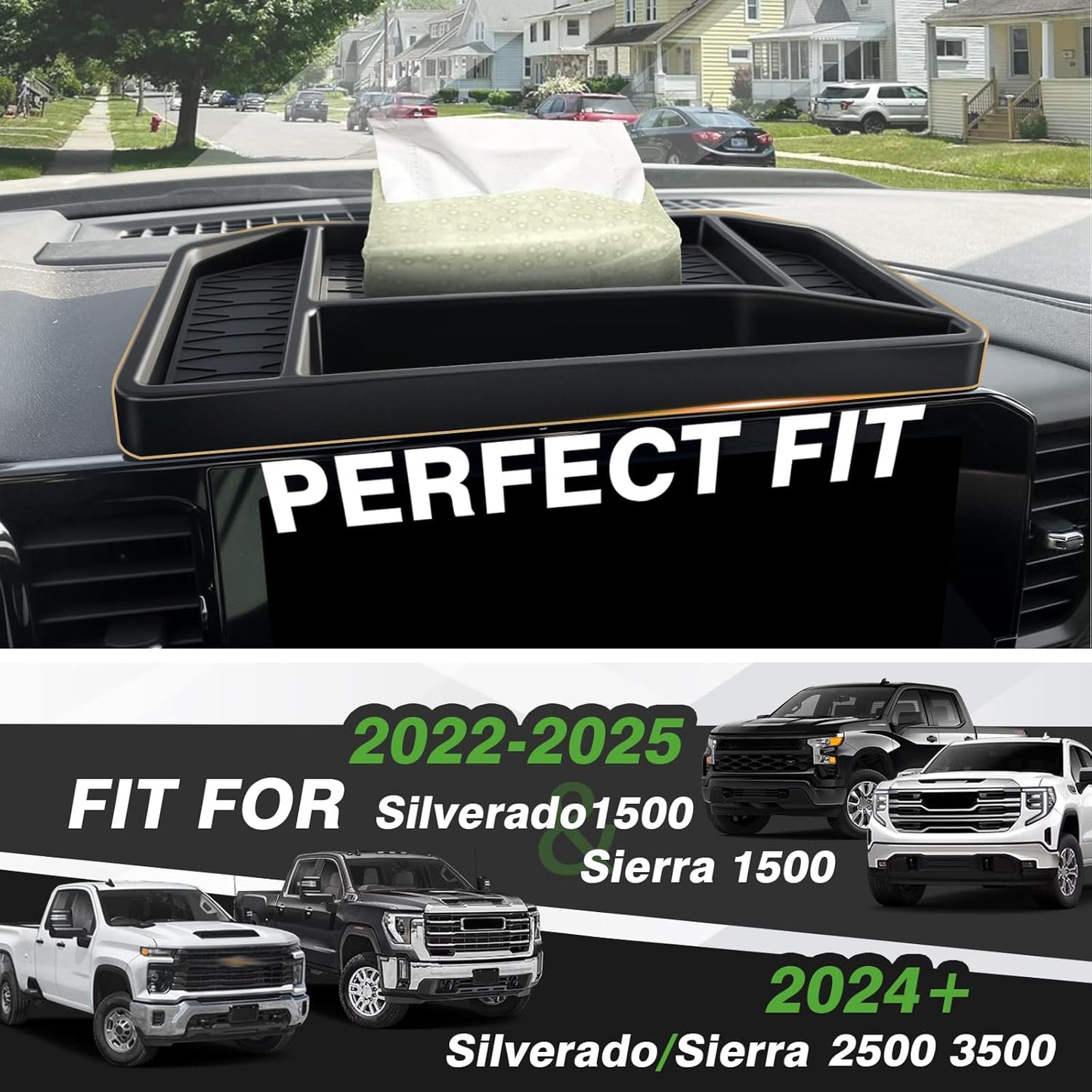 Muslogy Dashboard Organizer Compatible with 2022-2025 Chevy Silverado/GMC Sierra 1500, 2024 2025 2500HD 3500HD Accessories Center Console Organizer Storage Box Mounted Tray (Fit 13.4-inch Screen ONLY)