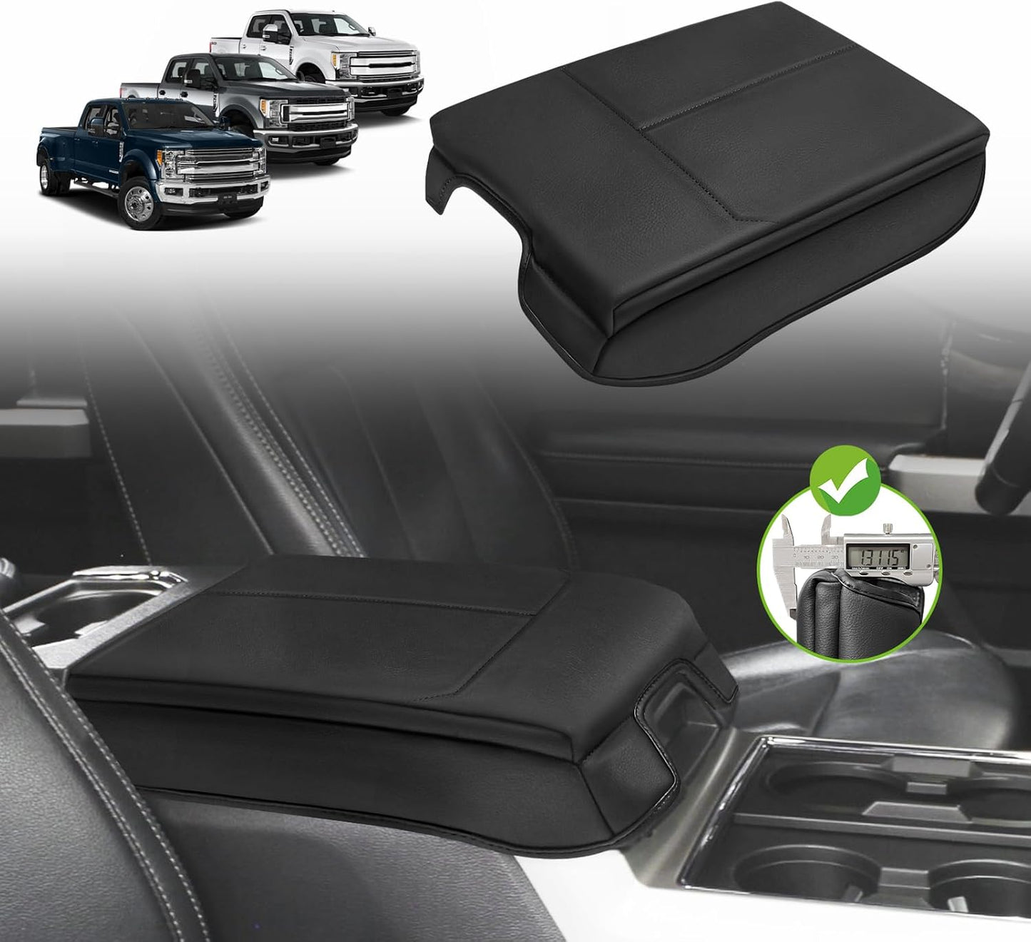 Muslogy Center Console Armrest Cover Compatible with Ford F250 F350 F450 2023 2024 2025 Super Duty Comfort Armrest Pad Arm Rest Cushion Vegan Leather Protector Regular Thick(Bucket Seat ONLY)