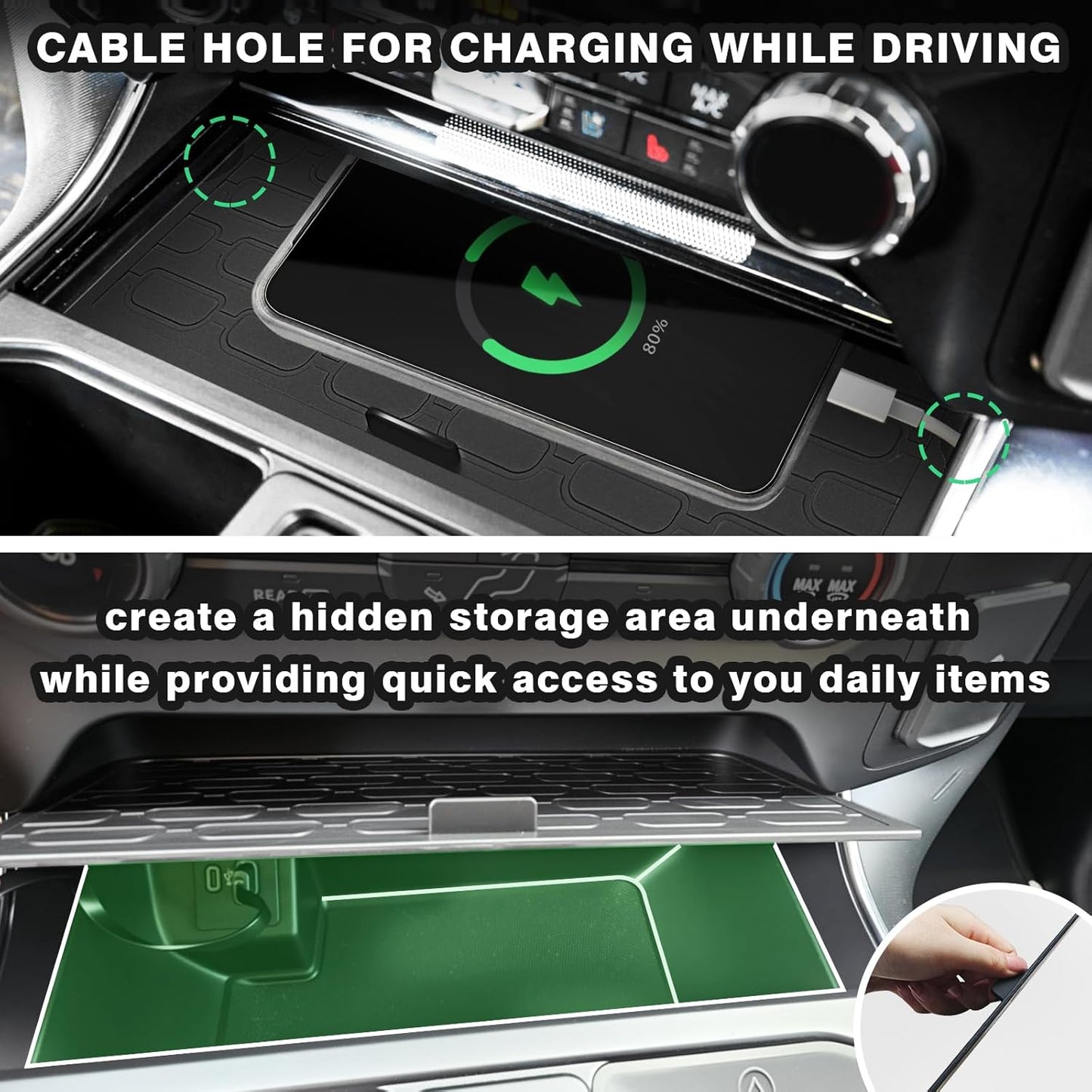 Muslogy Front Center Console Organizer Fits for Ford F150 F-150 Accessories 2021-2024 2025 Interior Storage Hidden Compartment Removable Cover Secret Pocket Lid with USB Hole