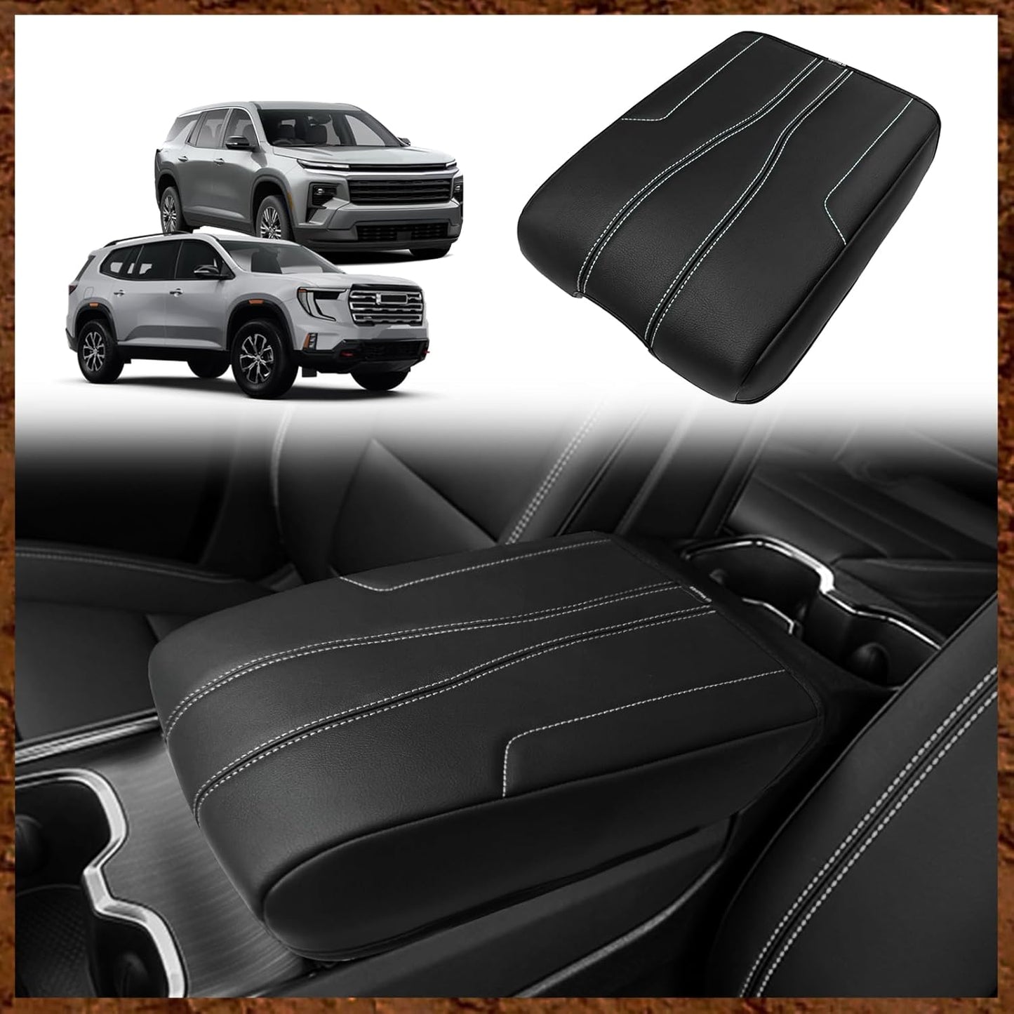 Muslogy Armrest Cover Center Console Cover Compatible with 2024 2025 GMC Acadia & Chevrolet Chevy Traverse Accessories Vegan Leather Arm Rest Middle Console Protector (Black/Red Stitching)