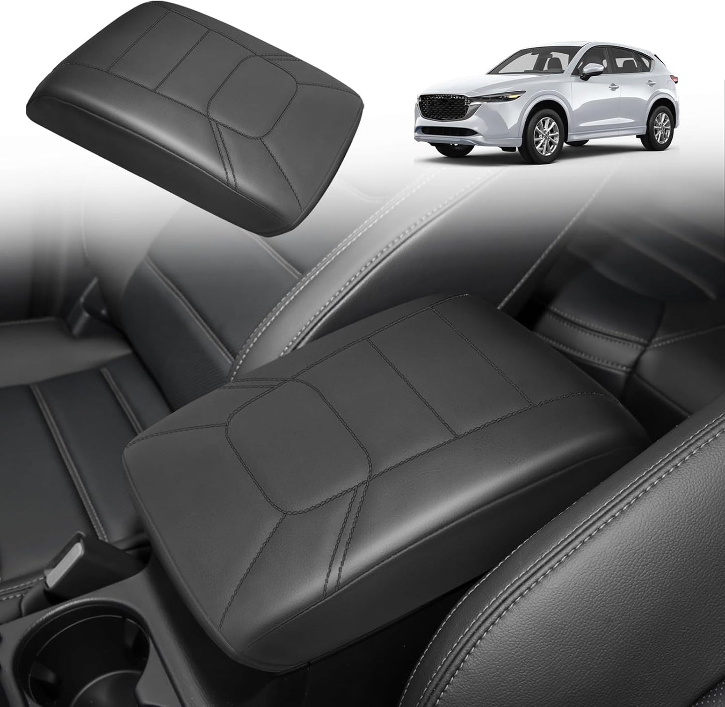 Muslogy Armrest Pad Center Console Cover Compatible with Mazda CX-5 2025 2024 2023-2017 CX5 Accessories Middle Console Cover Cushion Vegan Leather Armrest Lid Protector (Black/Whtie Stitching)
