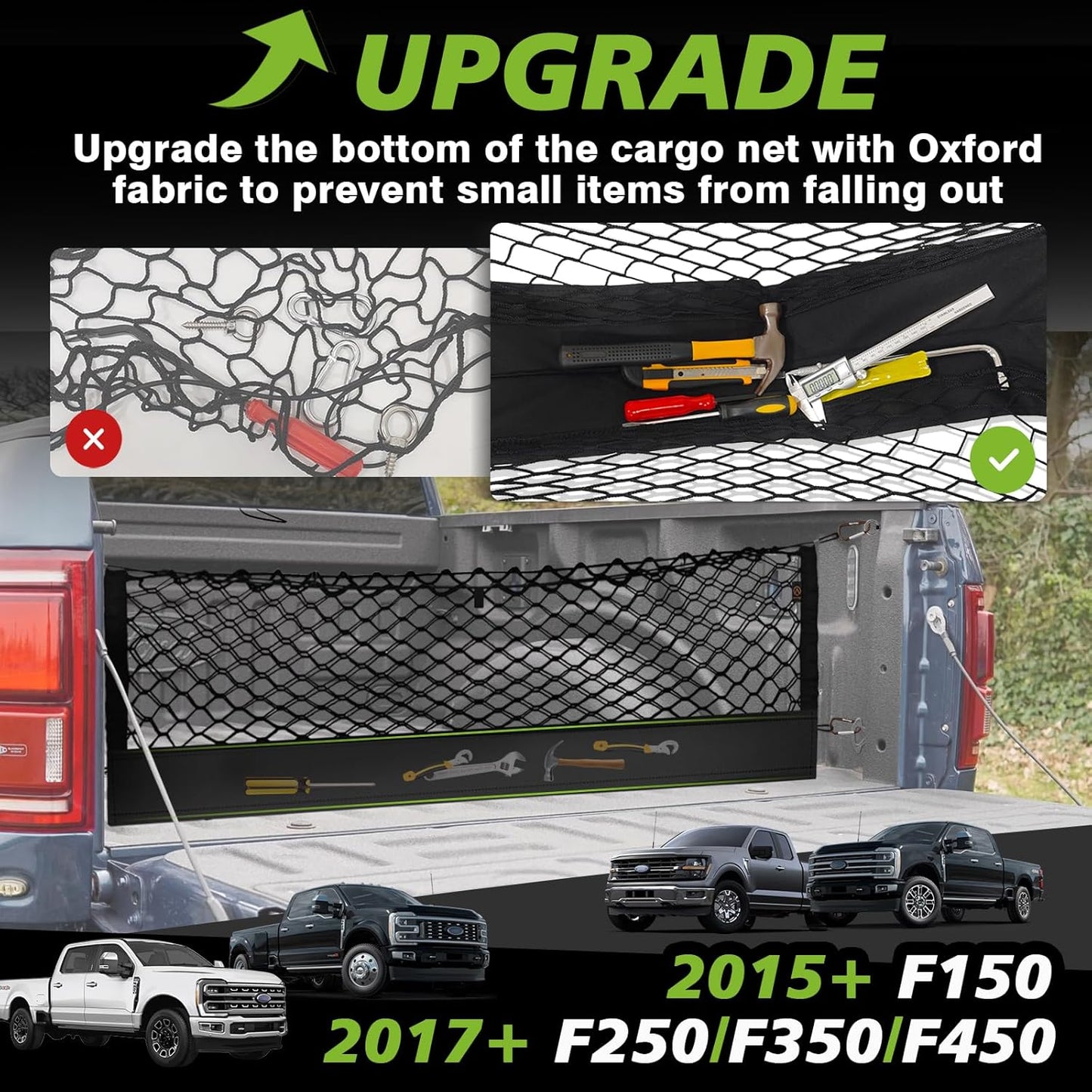 Muslogy Truck Bed Cargo Net Compatible with 2015+ Ford F150 & 2017+ F250/F350/F450 Accessories Storage Organizer Envelope Net with Mounting Snap-in Anchors Patent Pending (Not for Spray-in Liner Beds)