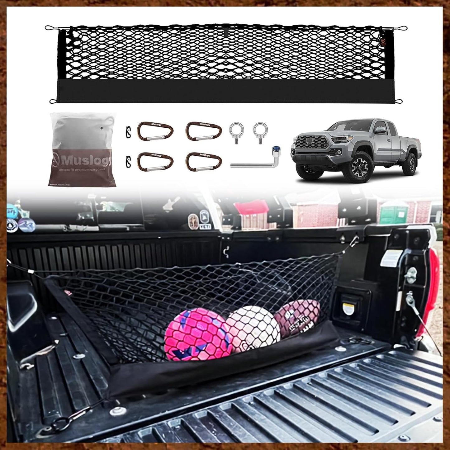 Muslogy Truck Bed Cargo Net Compatible with Toyota Tacoma 2005-2022 2023 Accessories Storage Organizer Pickup Truck Bed Envelope Style Cargo Net with Heavy Duty Carabiner