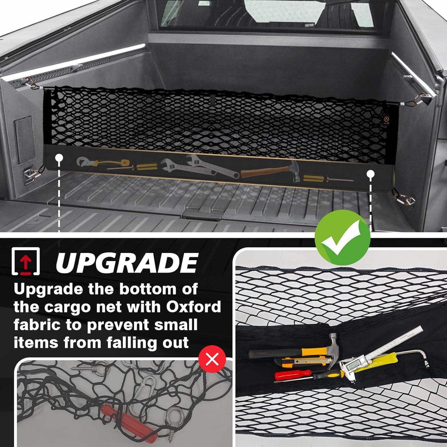 Muslogy Truck Bed Cargo Net Compatible with Tesla Cybertruck 2023 2024 2025 Accessories Storage Organizer Pickup Truck Bed Envelope Style Cargo Net with Heavy Duty Carabiners