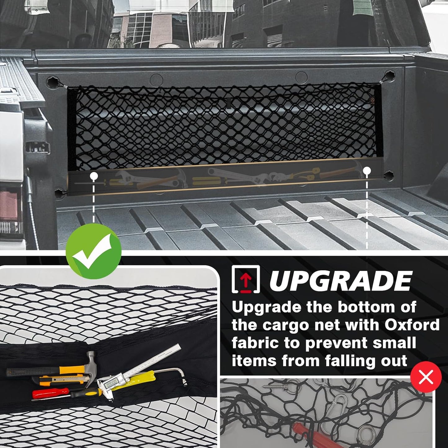 Muslogy Truck Bed Cargo Net Compatible with Rivian R1T 2022-2024 2025 Accessories Storage Organizer Pickup Truck Bed Envelope Style Cargo Net with Heavy Duty Carabiners