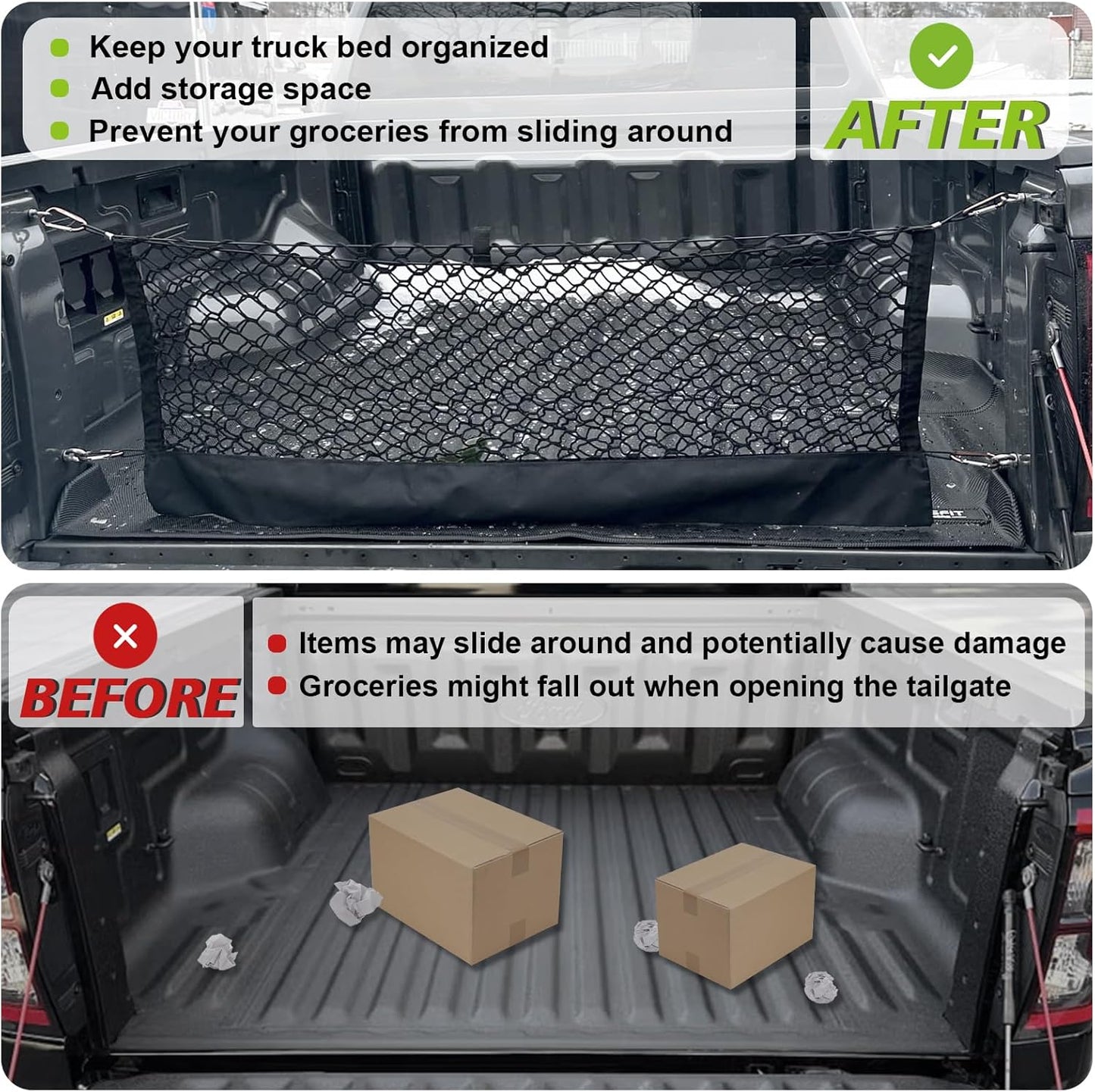 Muslogy Truck Bed Cargo Net Compatible with Ford Ranger 2024 2025 Accessories Storage Organizer Pickup Truck Bed Envelope Style Cargo Net with Heavy Duty Carabiners