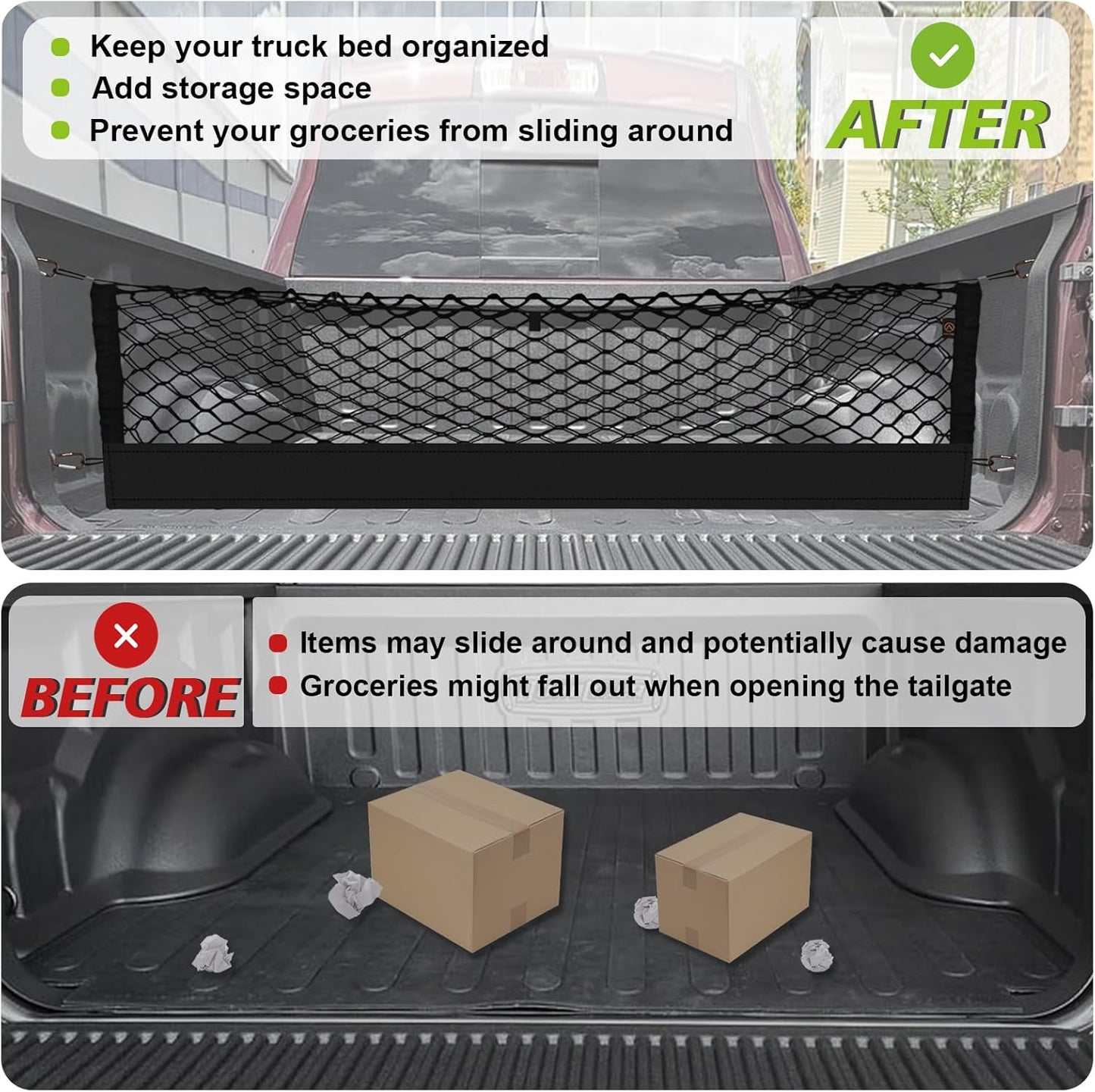 Muslogy Truck Bed Cargo Net Compatible with Dodge Ram 1500 2019-2025 Accessories Storage Organizer Pickup Truck Bed Envelope Style Cargo Net with Heavy Duty Carabiners 10