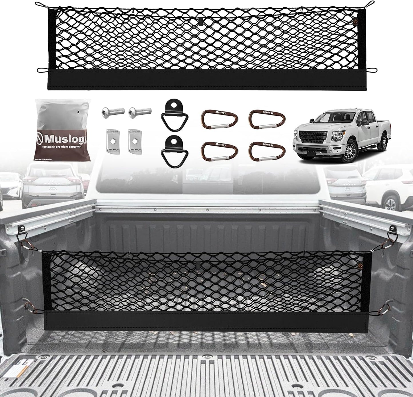 Muslogy Truck Bed Cargo Net Compatible with Nissan Titan 2017-2025 Accessories Storage Organizer Pickup Truck Bed Envelope Style Cargo Net with Heavy Duty Carabiners