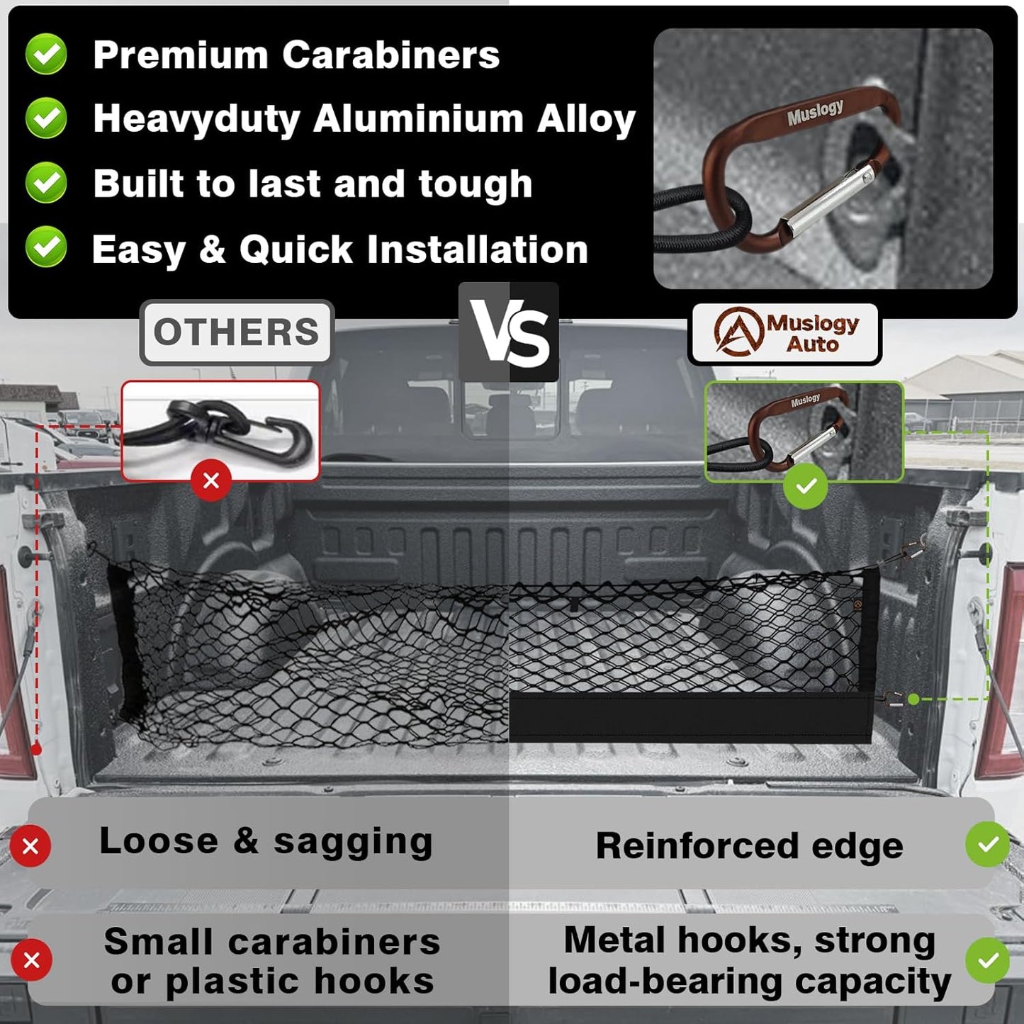 Muslogy Truck Bed Cargo Net Compatible with 2015+ Ford F150 & 2017+ F250/F350/F450 Accessories Storage Organizer Envelope Net with Mounting Snap-in Anchors Patent Pending (Not for Spray-in Liner Beds)