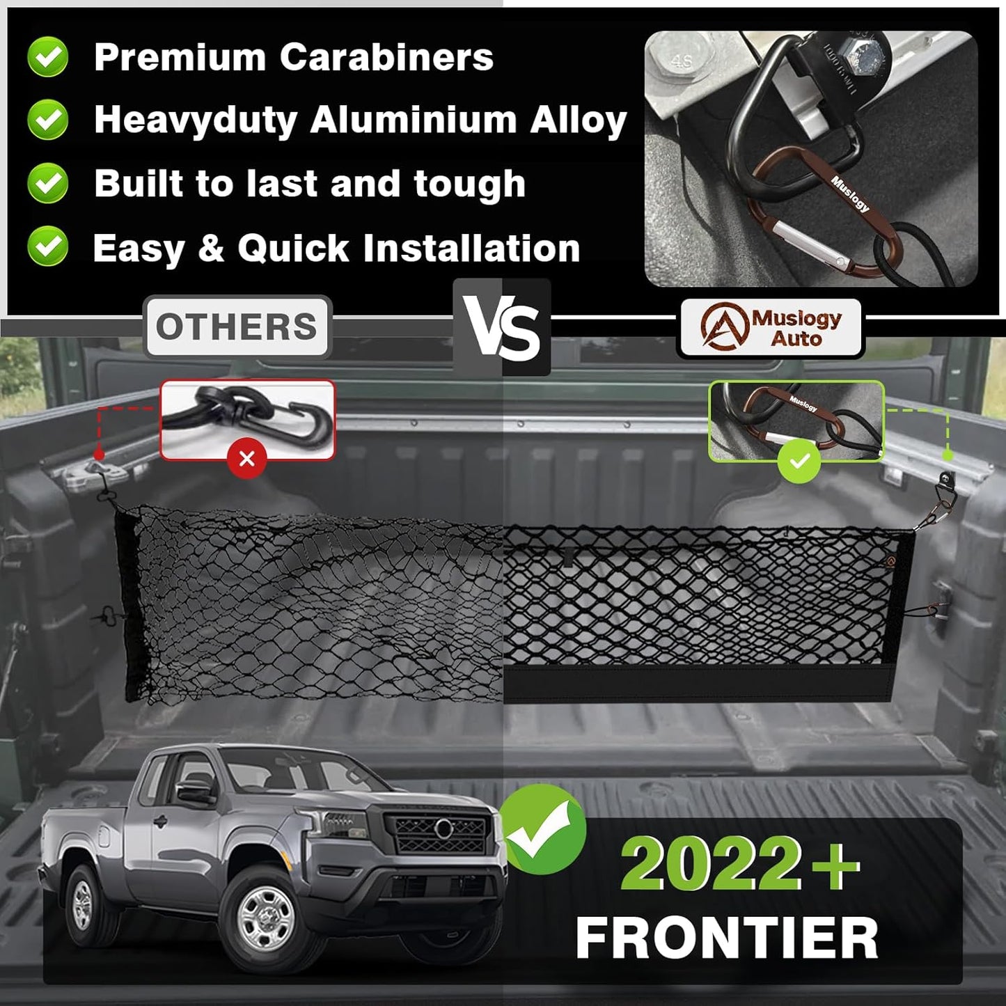 Muslogy Truck Bed Cargo Net Compatible with Nissan Frontier 2022-2024 2025 Accessories Storage Organizer Pickup Truck Bed Envelope Style Cargo Net with Heavy Duty Carabiners 12