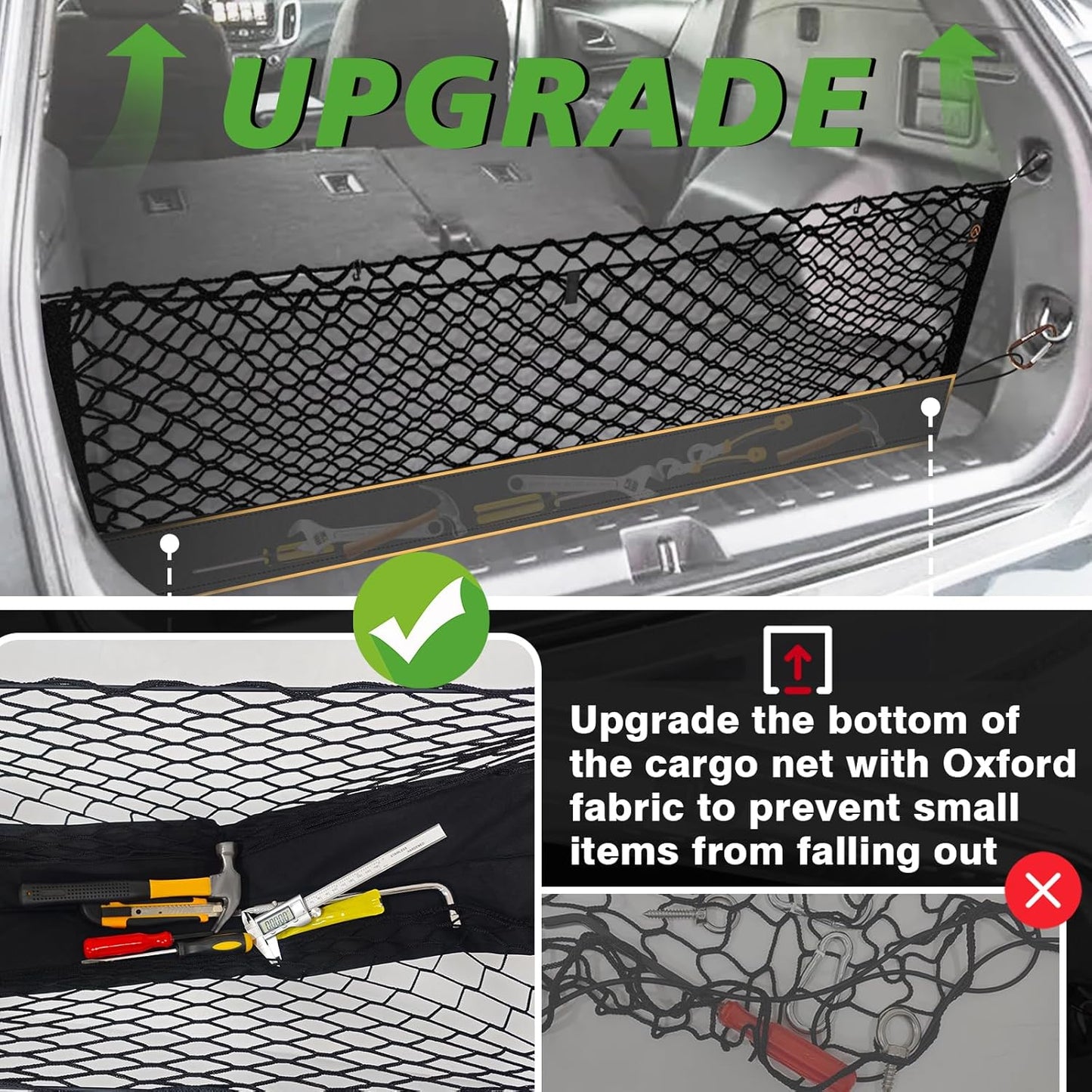 Muslogy Envelope Style Trunk Cargo Net Compatible with 2018-2024 Chevy Equinox & GMC Terrain Accessories Custom Fit Trunk Organizer Upgraded Mesh Storage Luggage Net with Metal Hooks
