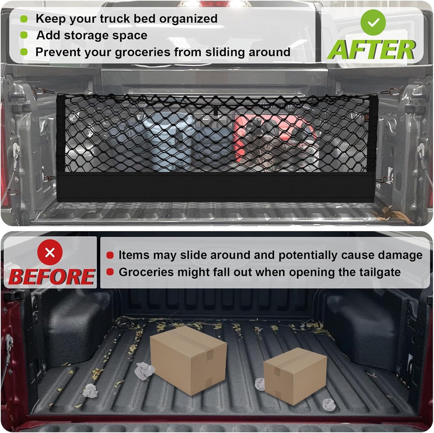 Muslogy Truck Bed Cargo Net Compatible with 2022-2024 2025 Ford Maverick Accessories Envelope Style Bed Net Trunk Organizer - Upgraded Support Stability Rope with Metal Carabiners Tight Fit, Won't Sag