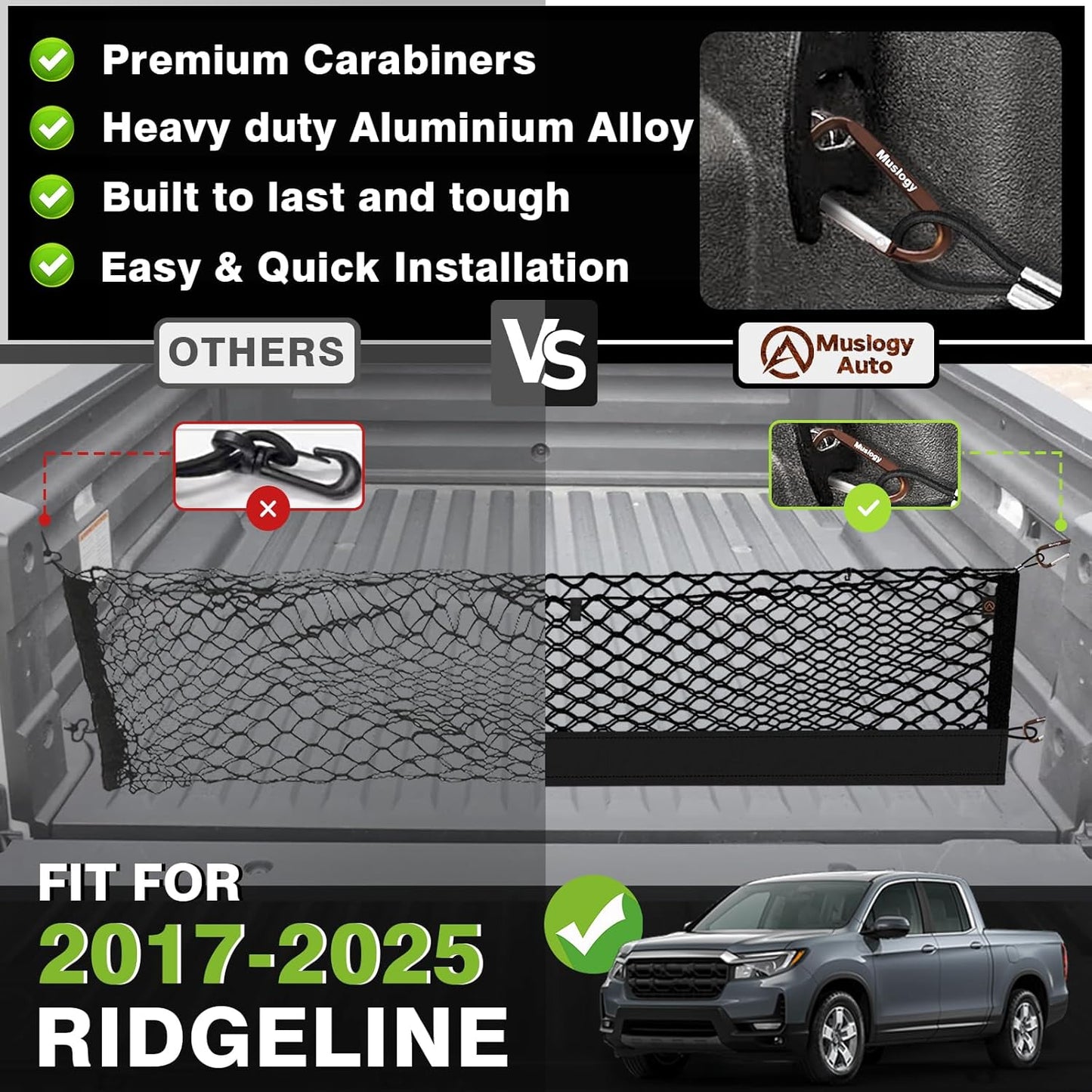 Muslogy Truck Bed Cargo Net Compatible with Honda Ridgeline 2017-2024 2025 Accessories Storage Organizer Pickup Truck Bed Envelope Style Cargo Net with Heavy Duty Carabiners