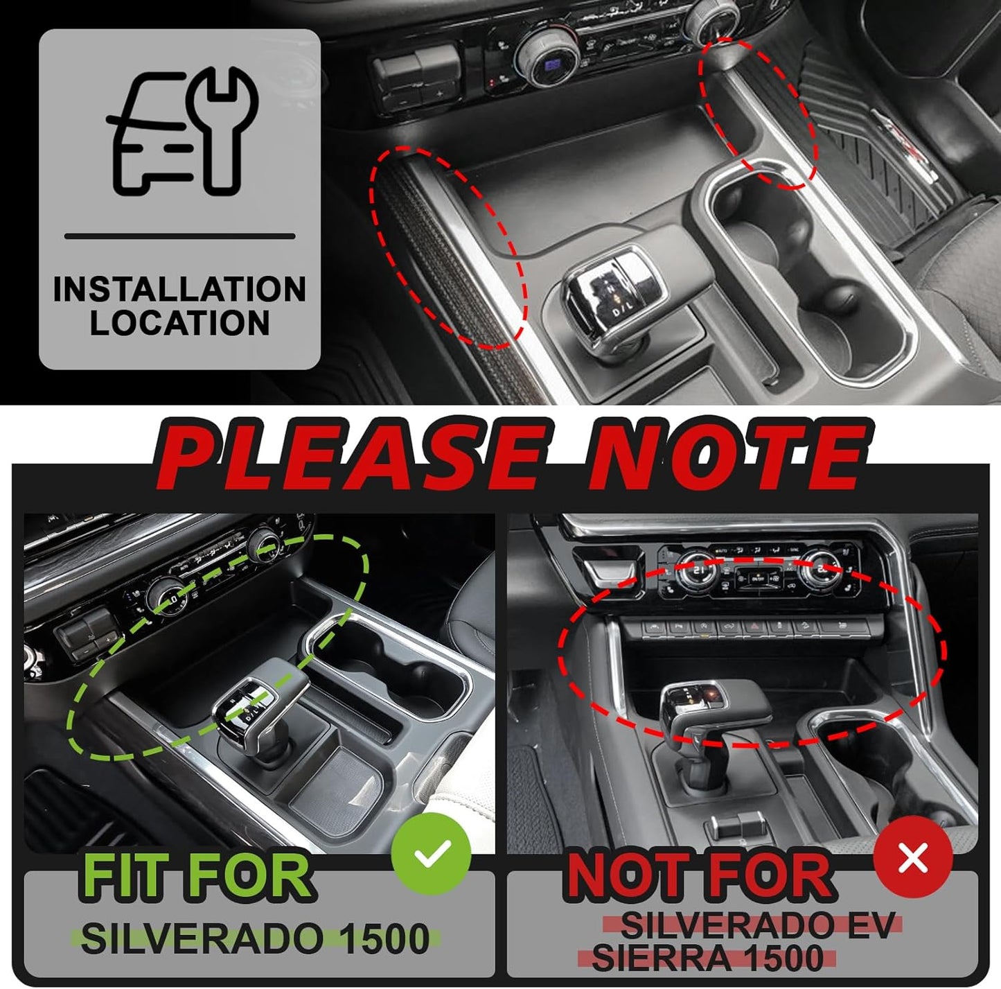 Muslogy Center Console Side Organizer Compatible with 2022-2024 2025 Chevy Silverado 1500 Accessories Middle Console Shifter Storage Box Left & Right Phone Pocket with Anti-Slip Mats