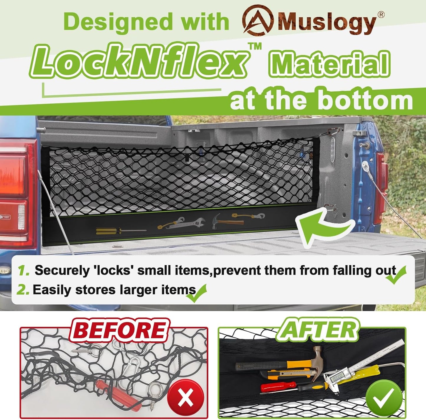 Muslogy Truck Bed Cargo Net Compatible with Honda Ridgeline 2017-2024 2025 Accessories Storage Organizer Pickup Truck Bed Envelope Style Cargo Net with Heavy Duty Carabiners