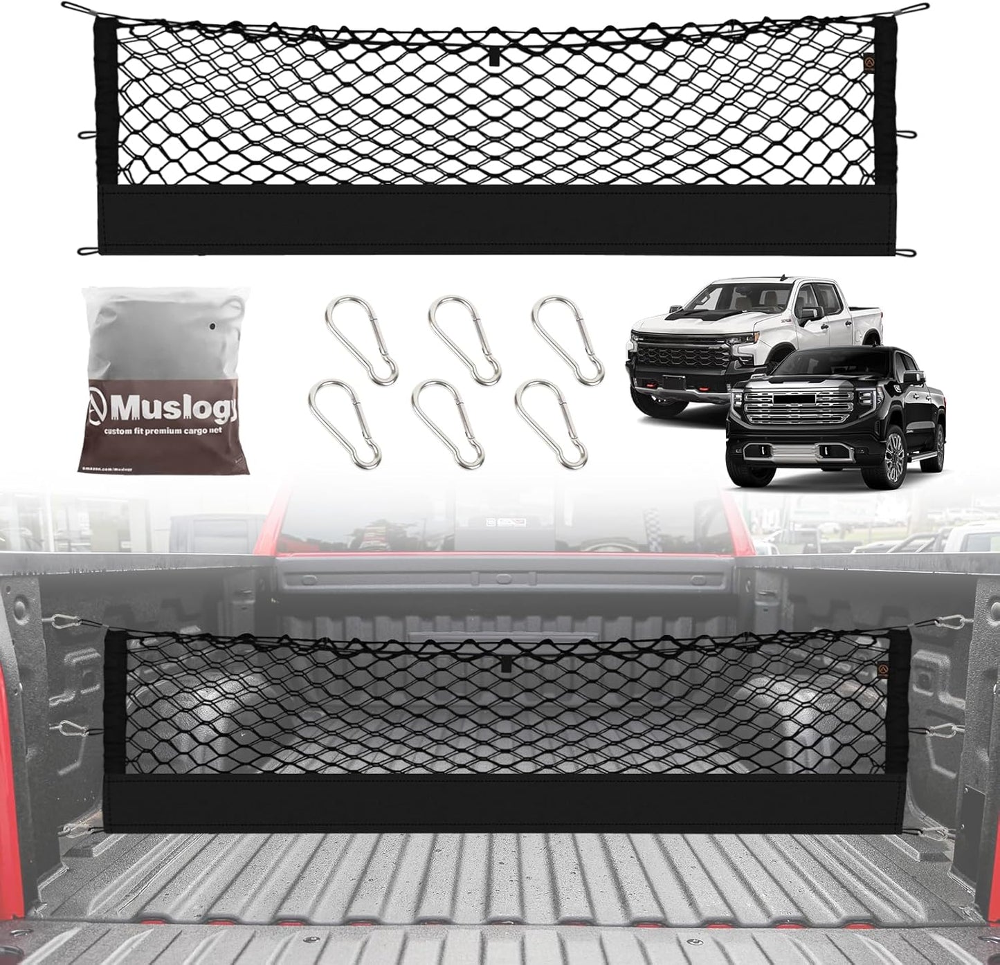 Muslogy Truck Bed Cargo Net Compatible with 2013-2025 Chevy Silverado & GMC Sierra 1500/2500HD/3500HD Accessories Storage Organizer Pickup Truck Bed Envelope Style Cargo Net with Heavy Duty Carabiners