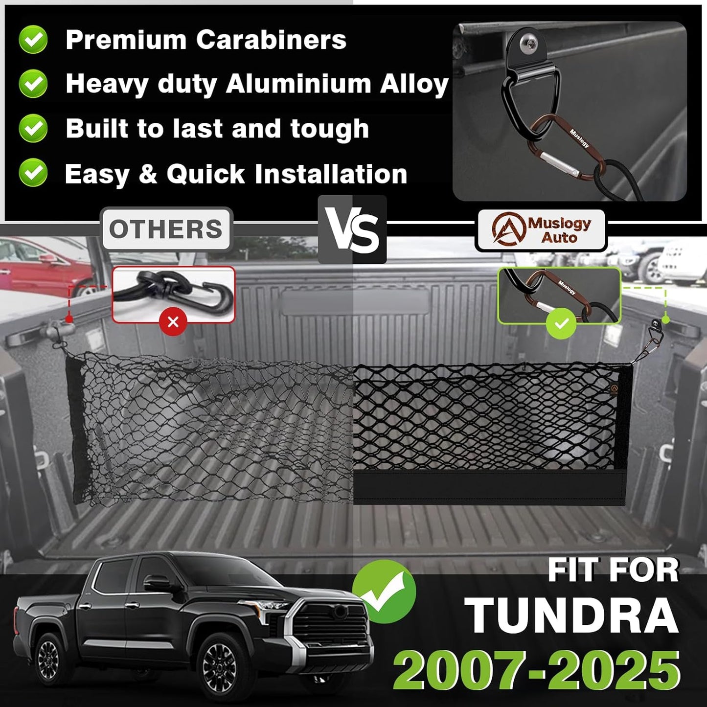 Muslogy Truck Bed Cargo Net Compatible with Toyota Tundra 2007-2024 2025 Accessories Storage Organizer Pickup Truck Bed Envelope Style Cargo Net with Heavy Duty Carabiners