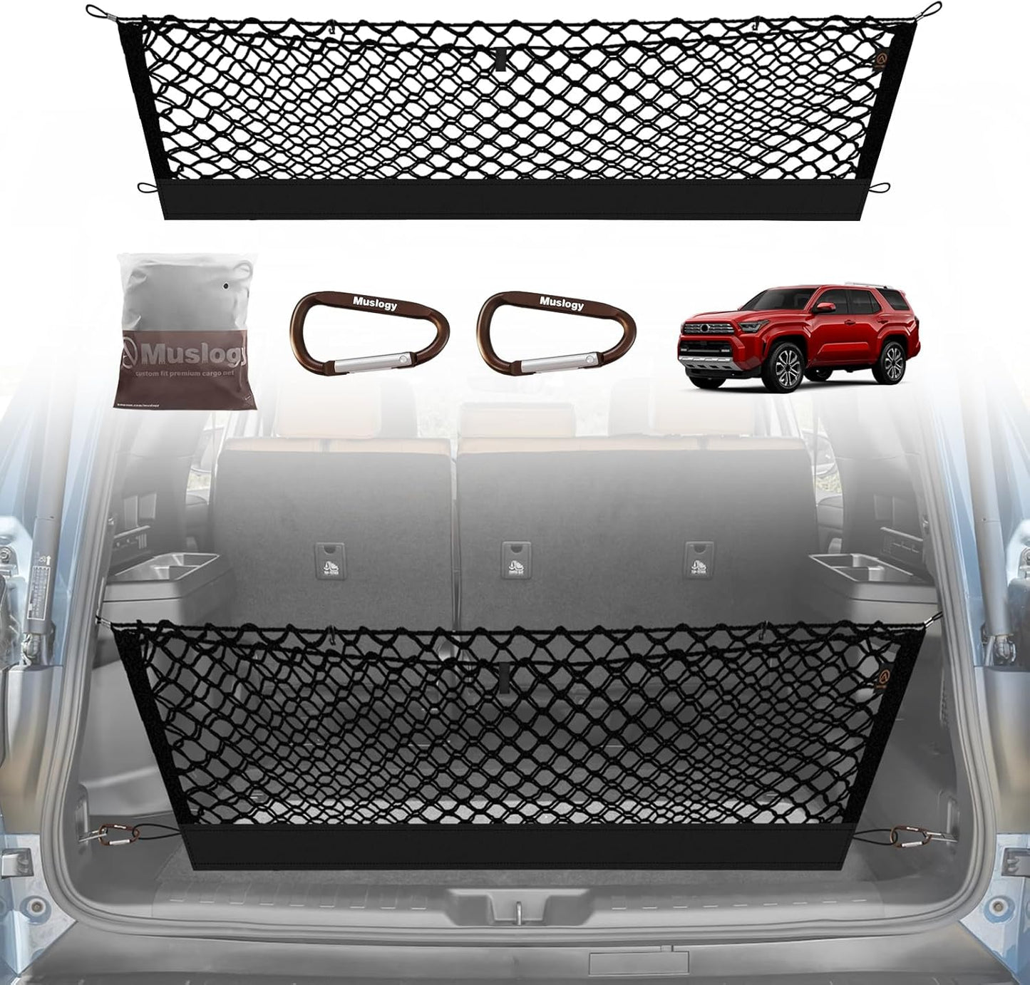 Muslogy Envelope Style Trunk Cargo Net Compatible with 2025 Toyota 4Runner Accessories Custom Fit Trunk Organizer Upgraded Mesh Storage Luggage Net with Metal Hooks