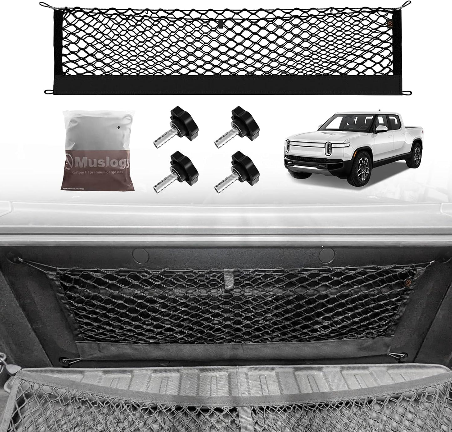 Muslogy Truck Bed Cargo Net Compatible with Rivian R1T 2022-2024 2025 Accessories Storage Organizer Pickup Truck Bed Envelope Style Cargo Net with Heavy Duty Carabiners