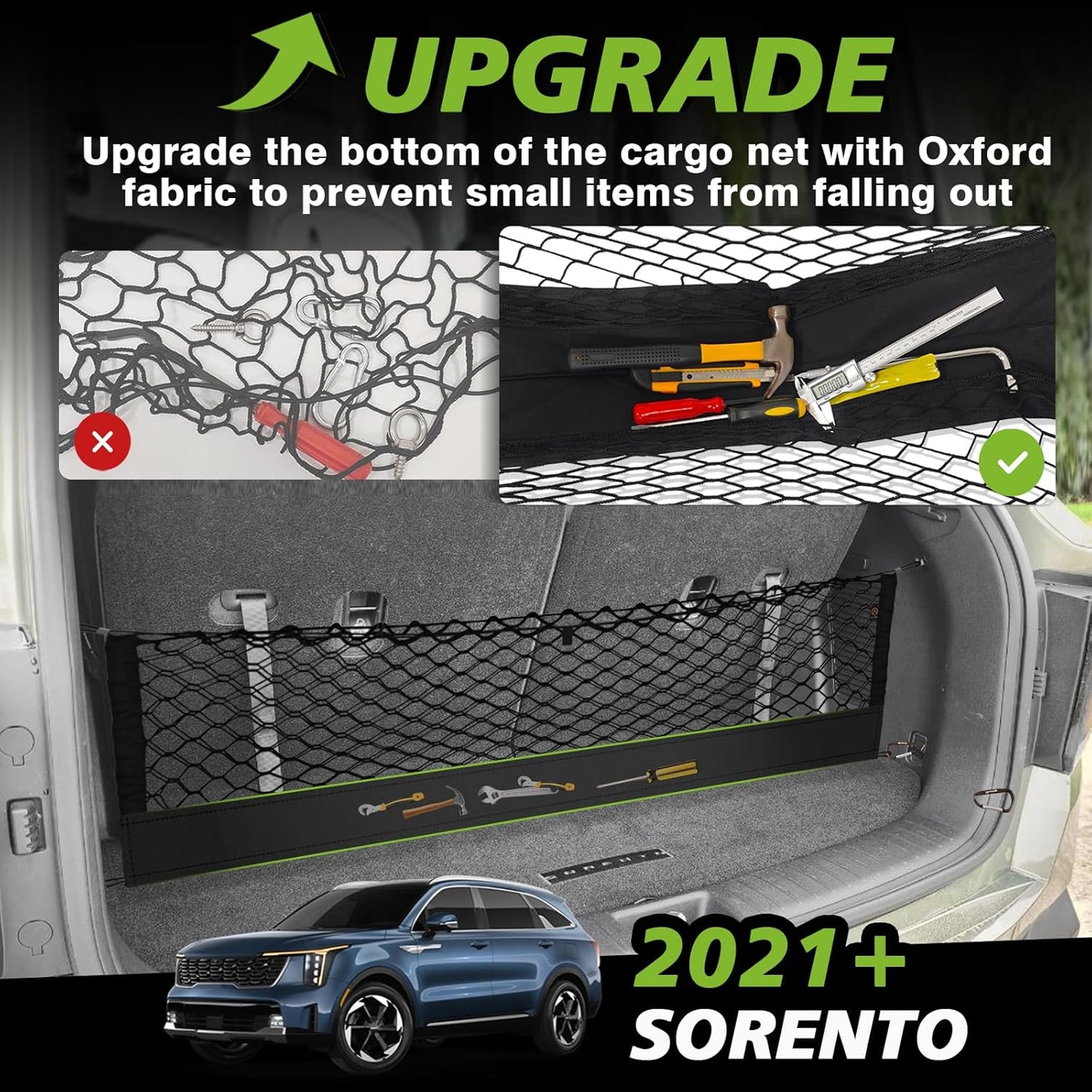 Muslogy Envelope Style Trunk Cargo Net Compatible with 2021-2024 2025 Kia Sorento Accessories Custom Fit Trunk Organizer Upgraded Mesh Storage Luggage Net with Metal Hooks