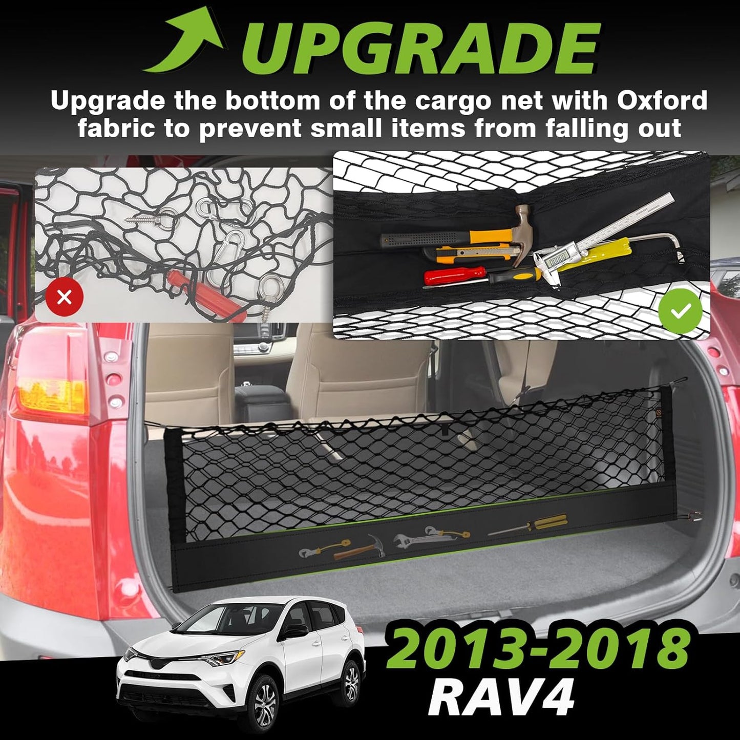 Muslogy Envelope Style Trunk Cargo Net Compatible with Toyota RAV4 2013-2018 Accessories Custom Fit Trunk Organizer Upgraded Storage Luggage Net with Metal Hooks