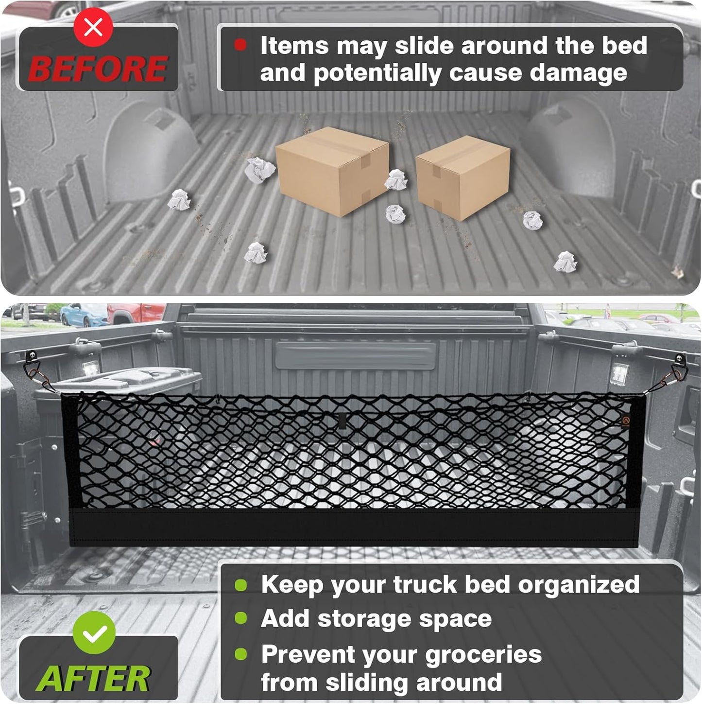 Muslogy Truck Bed Cargo Net Compatible with Toyota Tundra 2007-2024 2025 Accessories Storage Organizer Pickup Truck Bed Envelope Style Cargo Net with Heavy Duty Carabiners