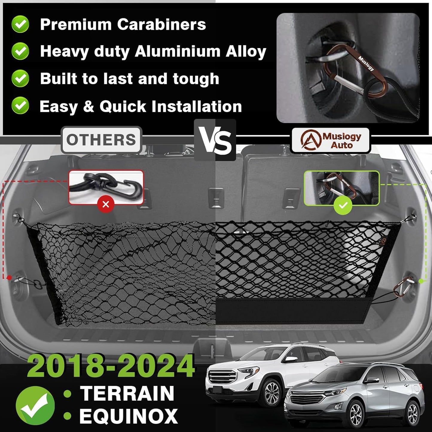Muslogy Envelope Style Trunk Cargo Net Compatible with 2018-2024 Chevy Equinox & GMC Terrain Accessories Custom Fit Trunk Organizer Upgraded Mesh Storage Luggage Net with Metal Hooks