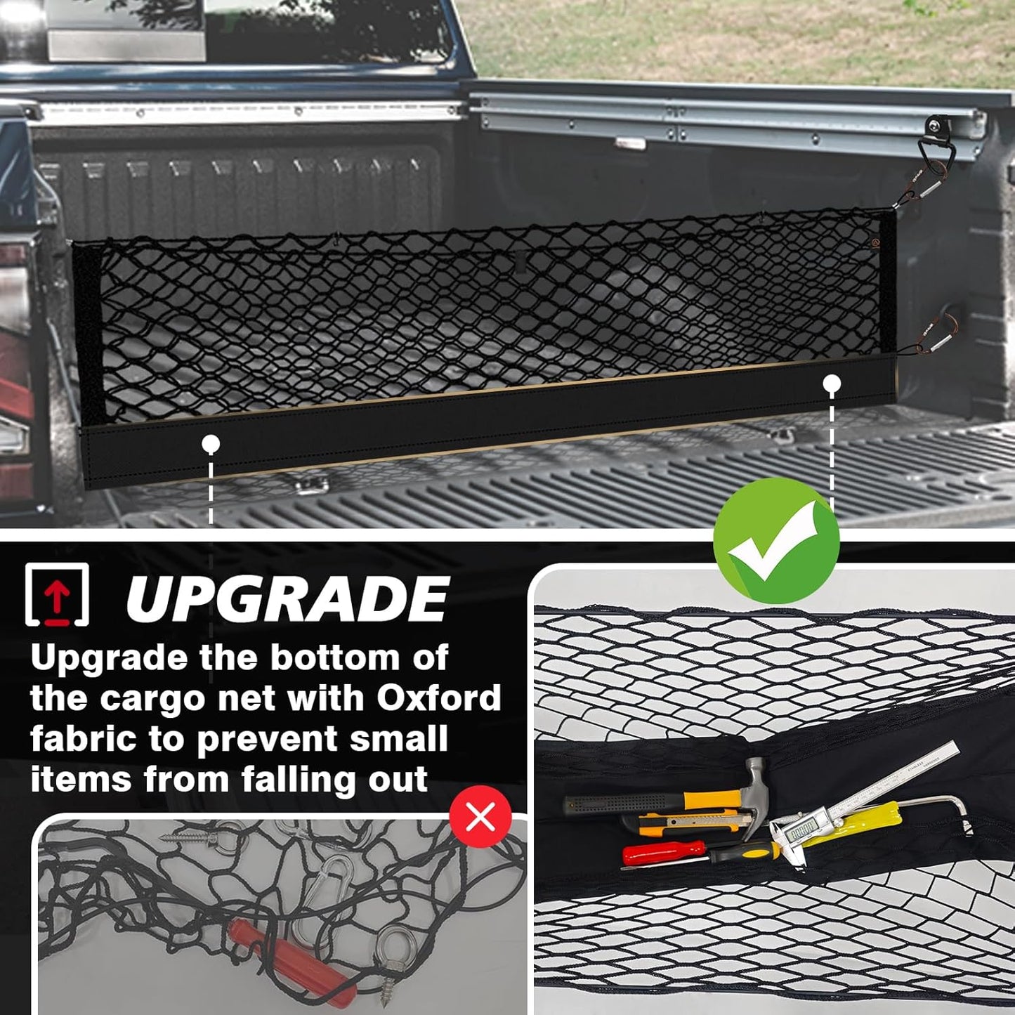 Muslogy Truck Bed Cargo Net Compatible with Nissan Titan 2017-2025 Accessories Storage Organizer Pickup Truck Bed Envelope Style Cargo Net with Heavy Duty Carabiners