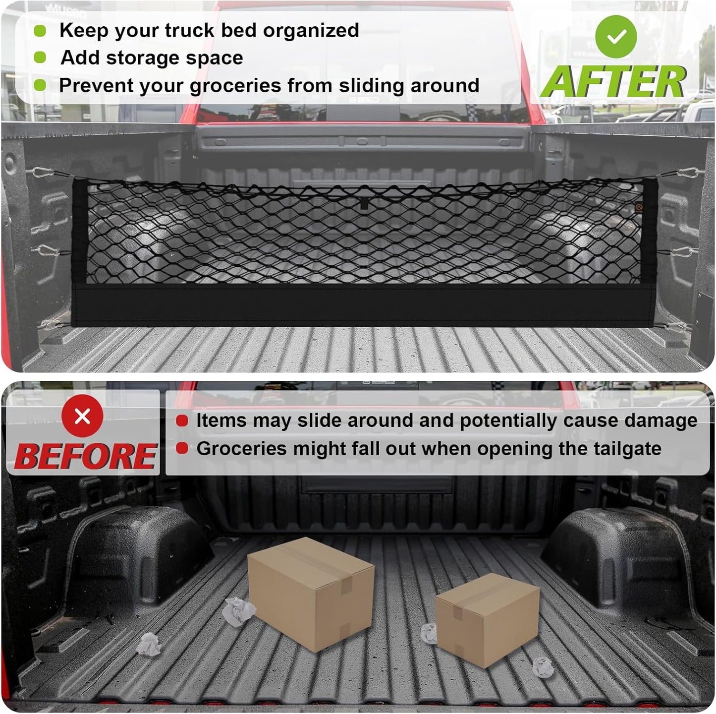 Muslogy Truck Bed Cargo Net Compatible with 2013-2025 Chevy Silverado & GMC Sierra 1500/2500HD/3500HD Accessories Storage Organizer Pickup Truck Bed Envelope Style Cargo Net with Heavy Duty Carabiners