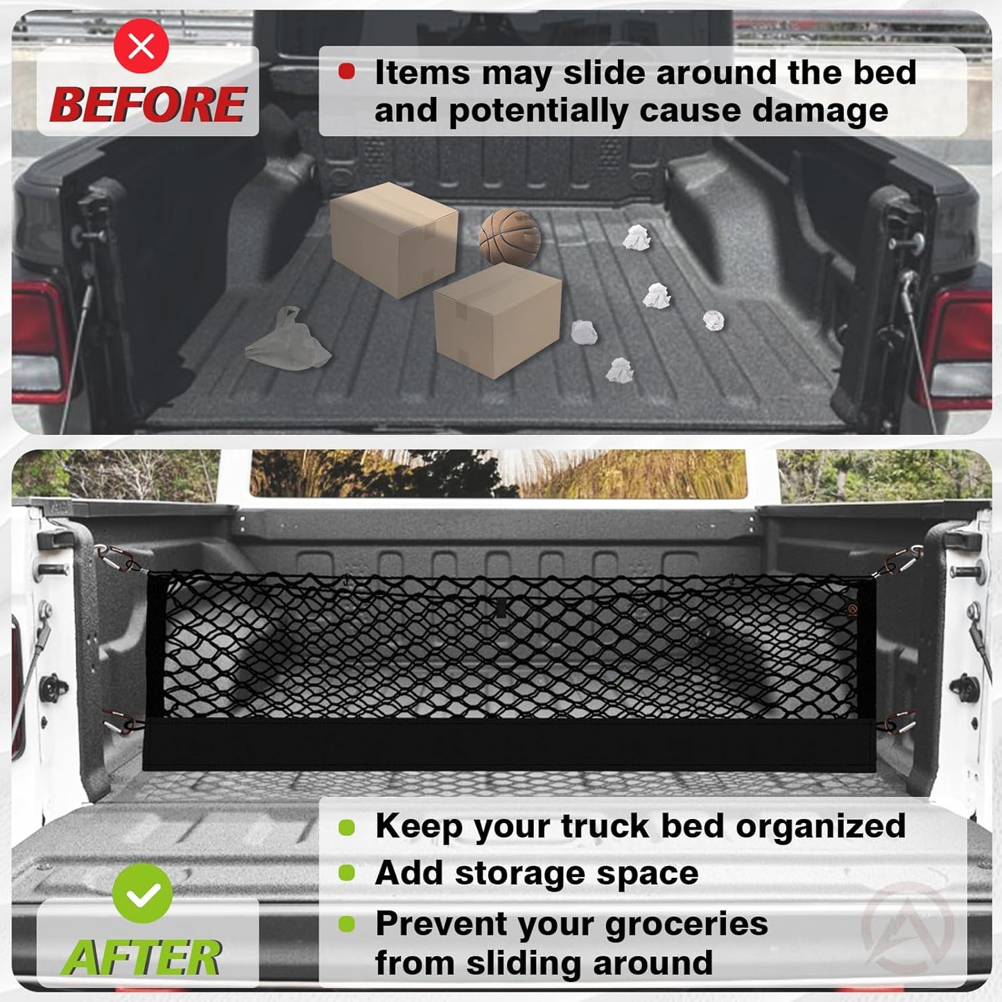 Muslogy Truck Bed Cargo Net Compatible with Jeep Gladiator 2020-2024 2025 JT Accessories Storage Organizer Pickup Truck Bed Envelope Style Cargo Net with Heavy Duty Carabiners 13