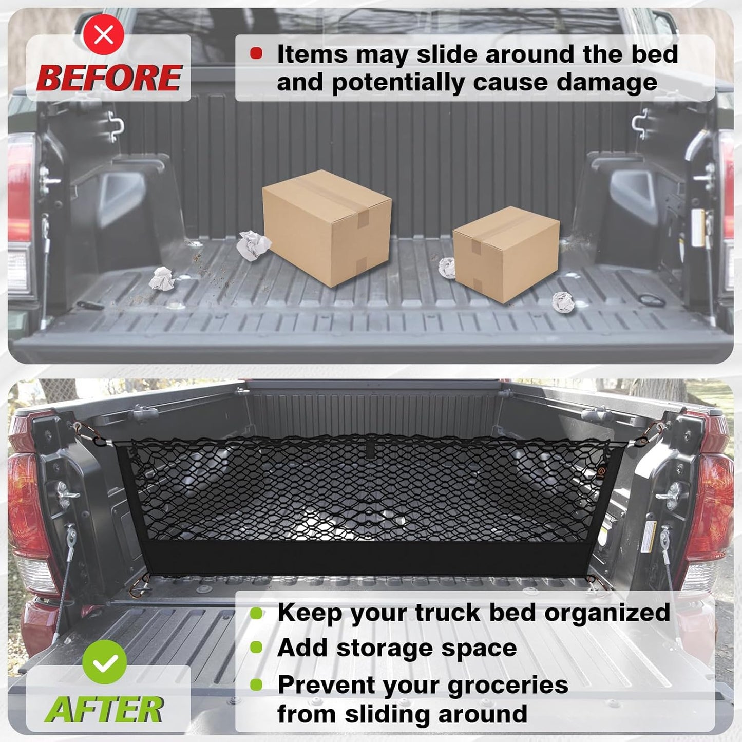 Muslogy Truck Bed Cargo Net Compatible with Toyota Tacoma 2005-2022 2023 Accessories Storage Organizer Pickup Truck Bed Envelope Style Cargo Net with Heavy Duty Carabiner