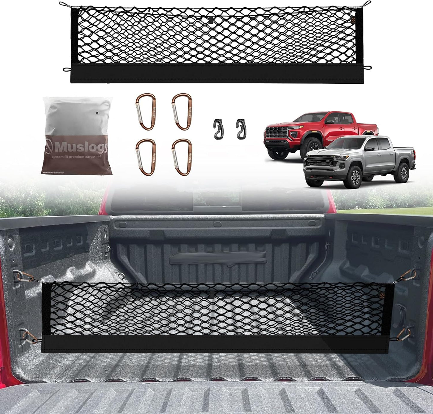 Muslogy Truck Bed Cargo Net Compatible with Chevrolet Colorado & GMC Canyon 2023 2024 2025 Accessories Storage Organizer Pickup Truck Bed Envelope Style Cargo Net with Heavy Duty Carabiners