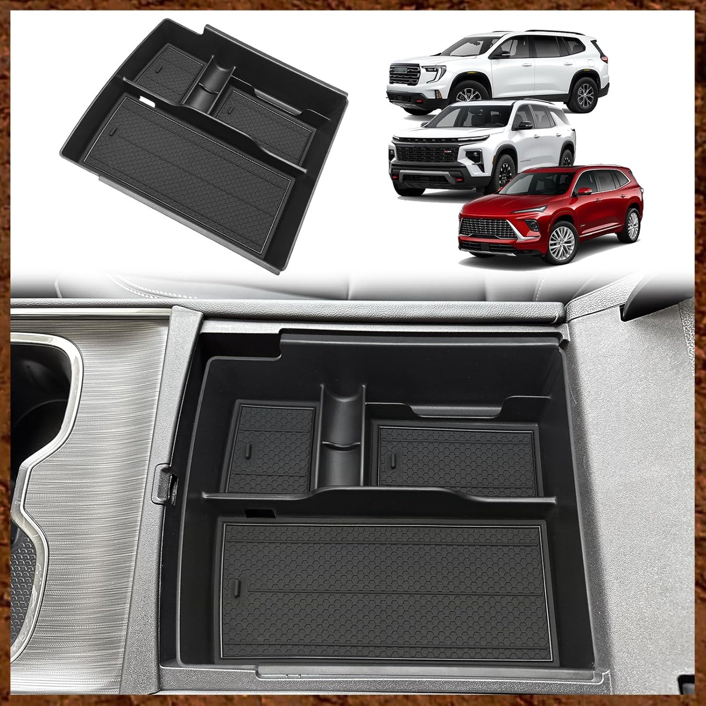Muslogy Center Console Organizer Compatible with 2024 2025 GMC Acadia & Chevy Traverse & 2025 Buick Enclave Accessories Middle Console Storage Box Armrest Insert Tray Cable Holder ABS Material