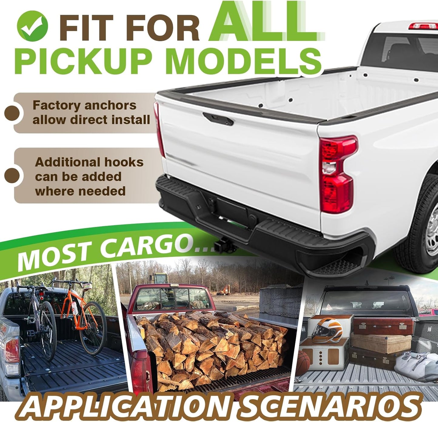 Muslogy Cargo Net Compatible with Pickup Truck Bed Organizer Divider Stretchable 4'x6' to 8'x12' High Elastic Trailer Accessories Storage Bungee Mesh with 14 Metal Carabiners (Upgraded 6mm Latex)