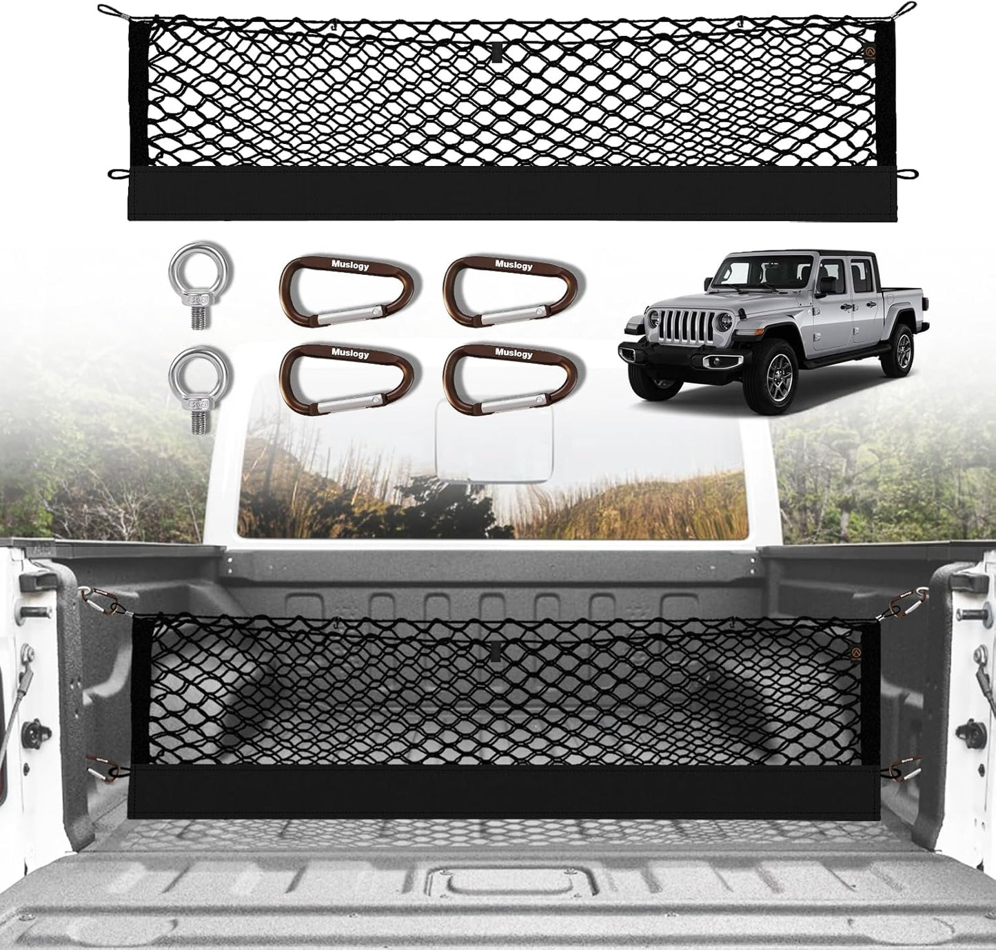 Muslogy Truck Bed Cargo Net Compatible with Jeep Gladiator 2020-2024 2025 JT Accessories Storage Organizer Pickup Truck Bed Envelope Style Cargo Net with Heavy Duty Carabiners 13