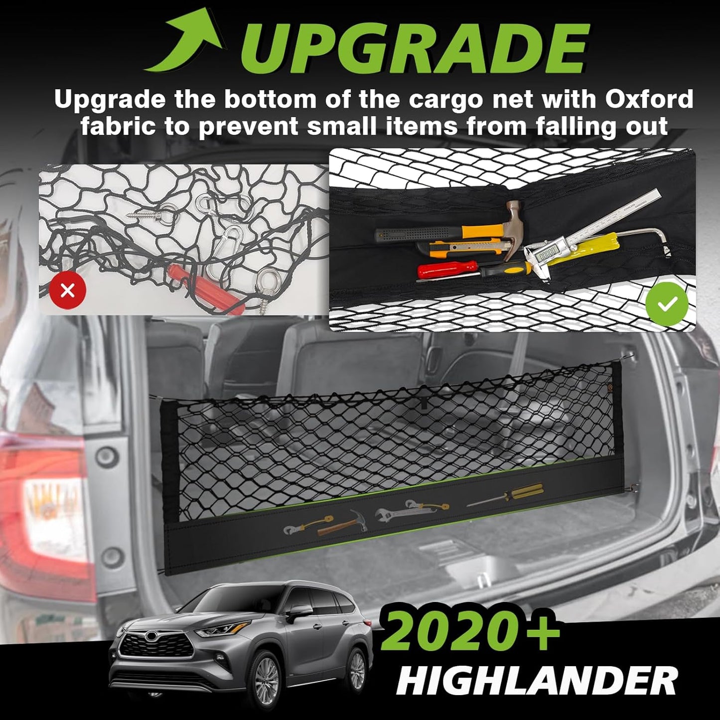 Muslogy Envelope Style Trunk Cargo Net Compatible with 2014-2025 Toyota Highlander Accessories Custom Fit Trunk Organizer Upgraded Mesh Storage Luggage Net with Metal Hooks