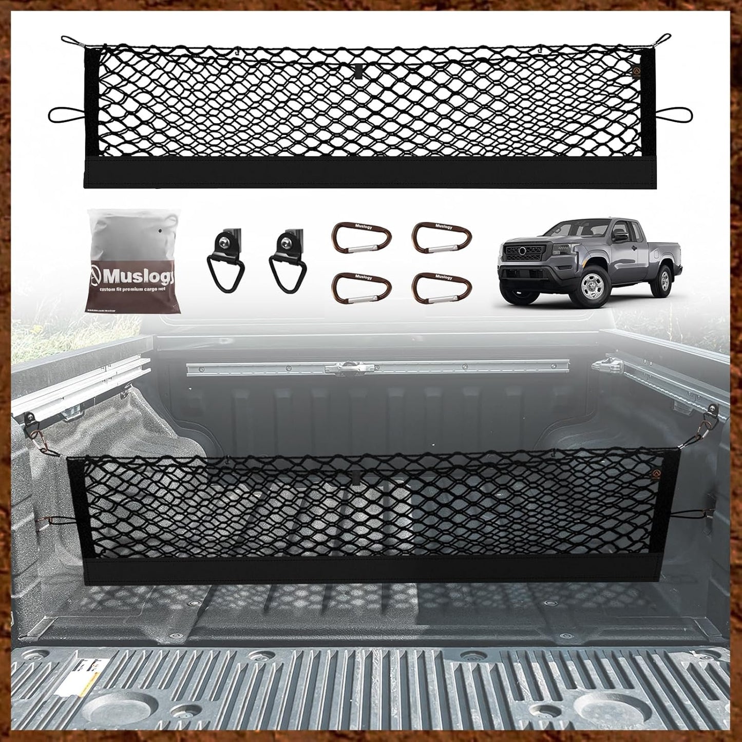 Muslogy Truck Bed Cargo Net Compatible with Nissan Frontier 2022-2024 2025 Accessories Storage Organizer Pickup Truck Bed Envelope Style Cargo Net with Heavy Duty Carabiners 12