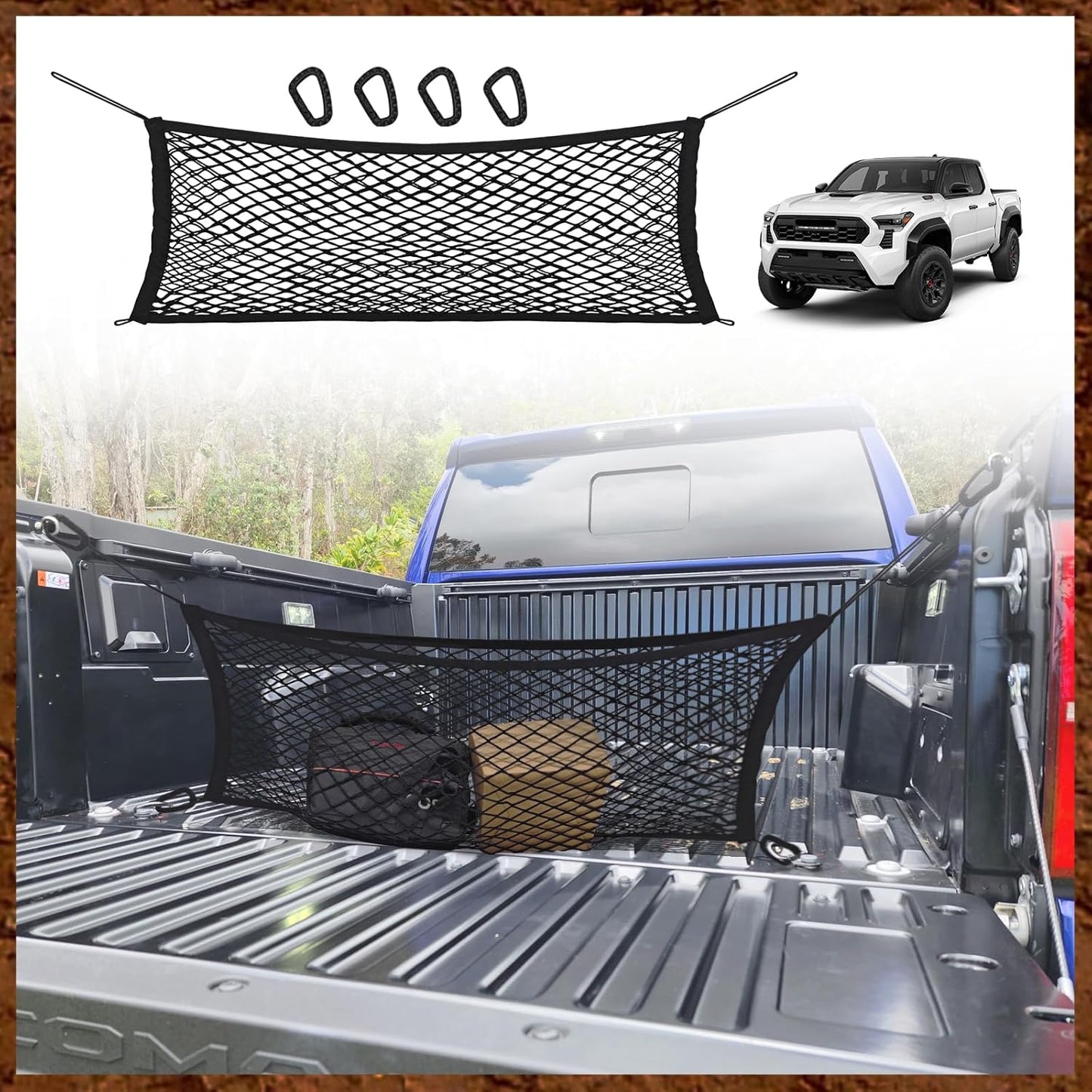 Muslogy Truck Bed Cargo Net Compatible with Toyota Tacoma 2005-2022 2023 Accessories Storage Organizer Pickup Truck Bed Envelope Style Cargo Net with Heavy Duty Carabiner