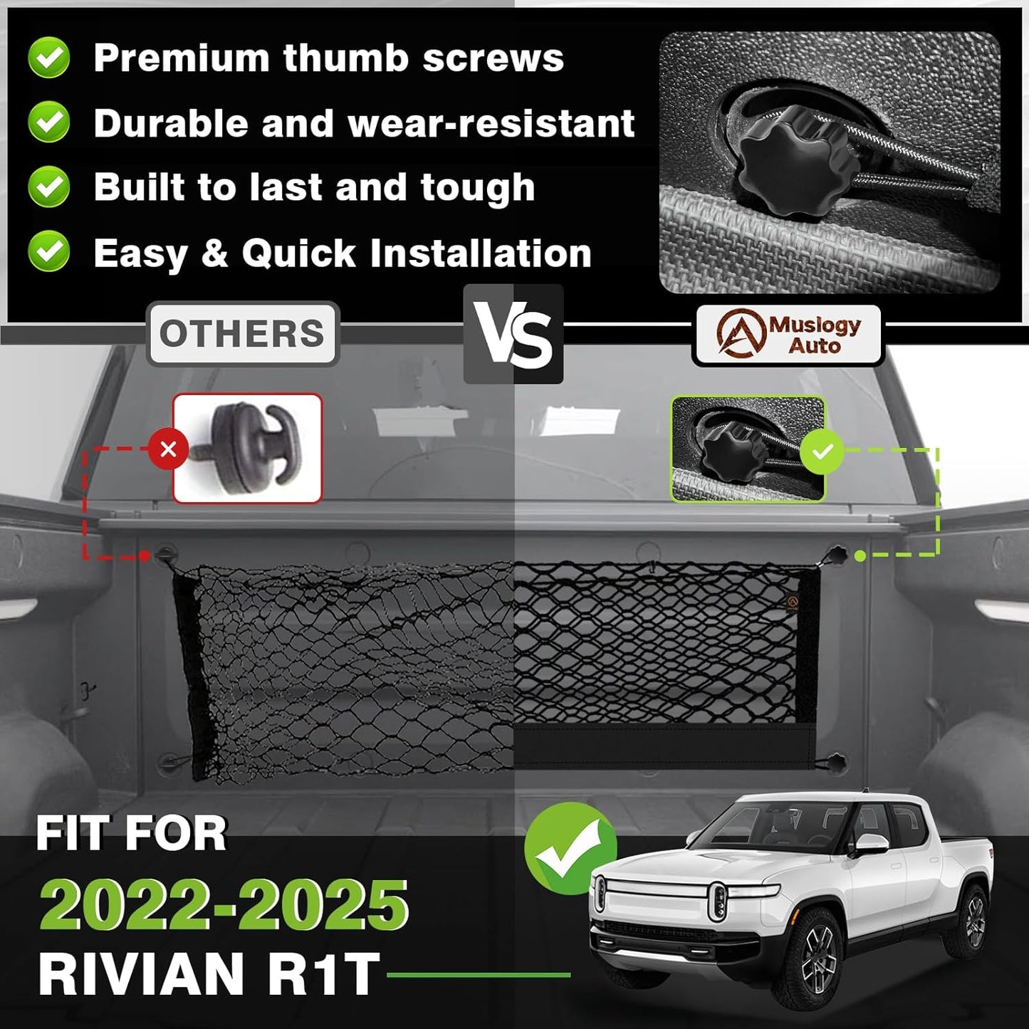 Muslogy Truck Bed Cargo Net Compatible with Rivian R1T 2022-2024 2025 Accessories Storage Organizer Pickup Truck Bed Envelope Style Cargo Net with Heavy Duty Carabiners