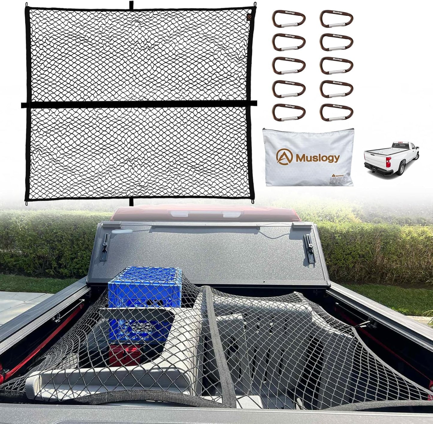 Muslogy Cargo Net Compatible with Pickup Truck Bed Organizer Divider Stretchable 4'x6' to 8'x12' High Elastic Trailer Accessories Storage Bungee Mesh with 14 Metal Carabiners (Upgraded 6mm Latex)