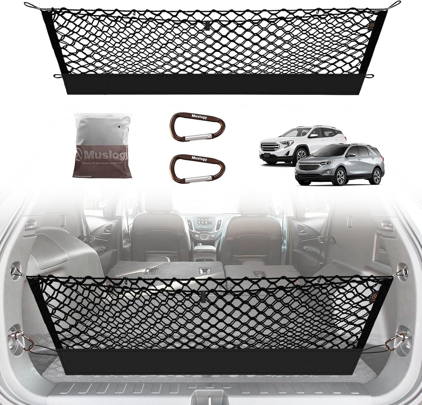 Muslogy Envelope Style Trunk Cargo Net Compatible with 2018-2024 Chevy Equinox & GMC Terrain Accessories Custom Fit Trunk Organizer Upgraded Mesh Storage Luggage Net with Metal Hooks