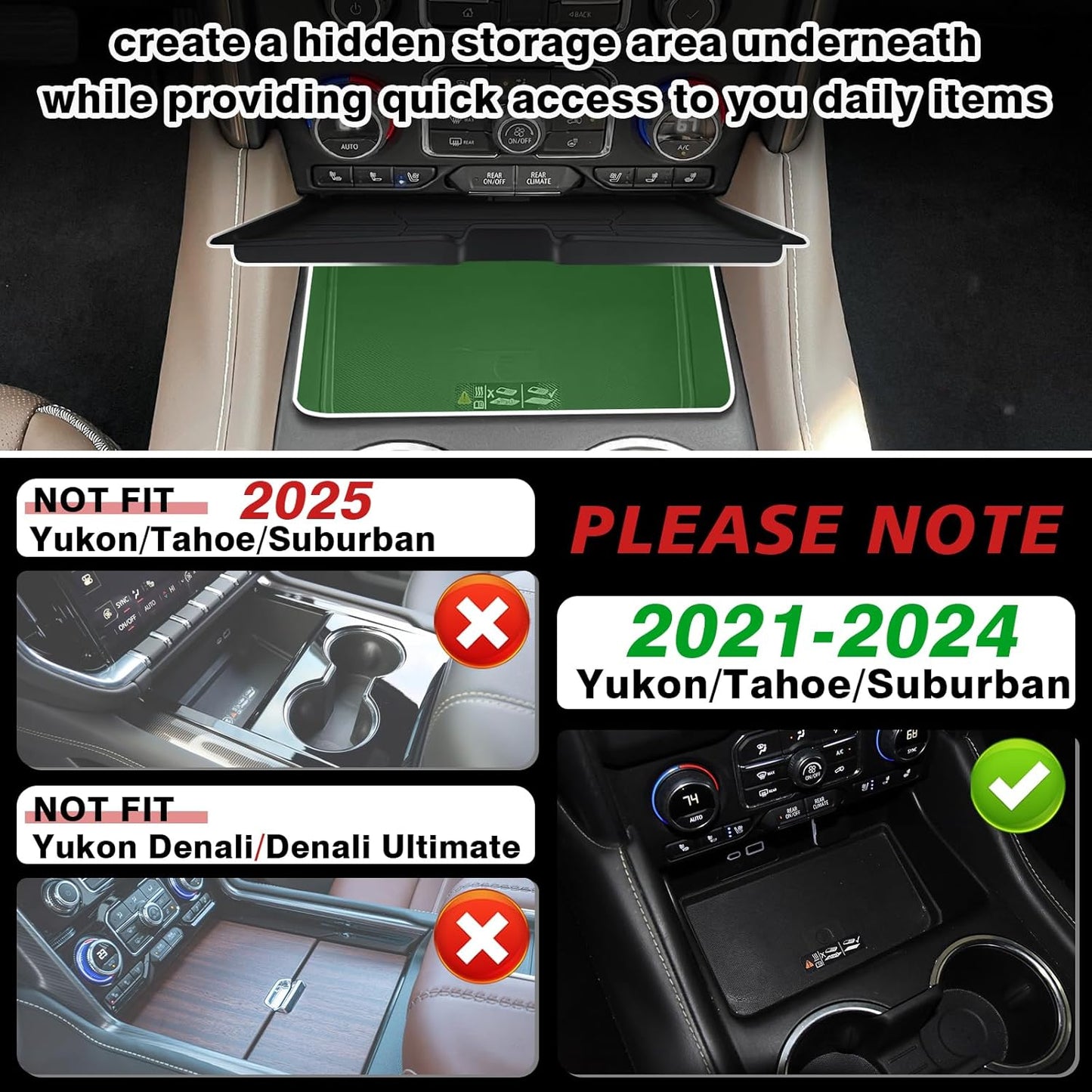 Muslogy Front Center Console Organizer Compatible with 2021-2023 2024 GMC Yukon & Chevy Tahoe Suburban Hidden Panel Secret Pocket Lid Removable Cover with USB Hole (Not for Yukon Denali/Ultimate)